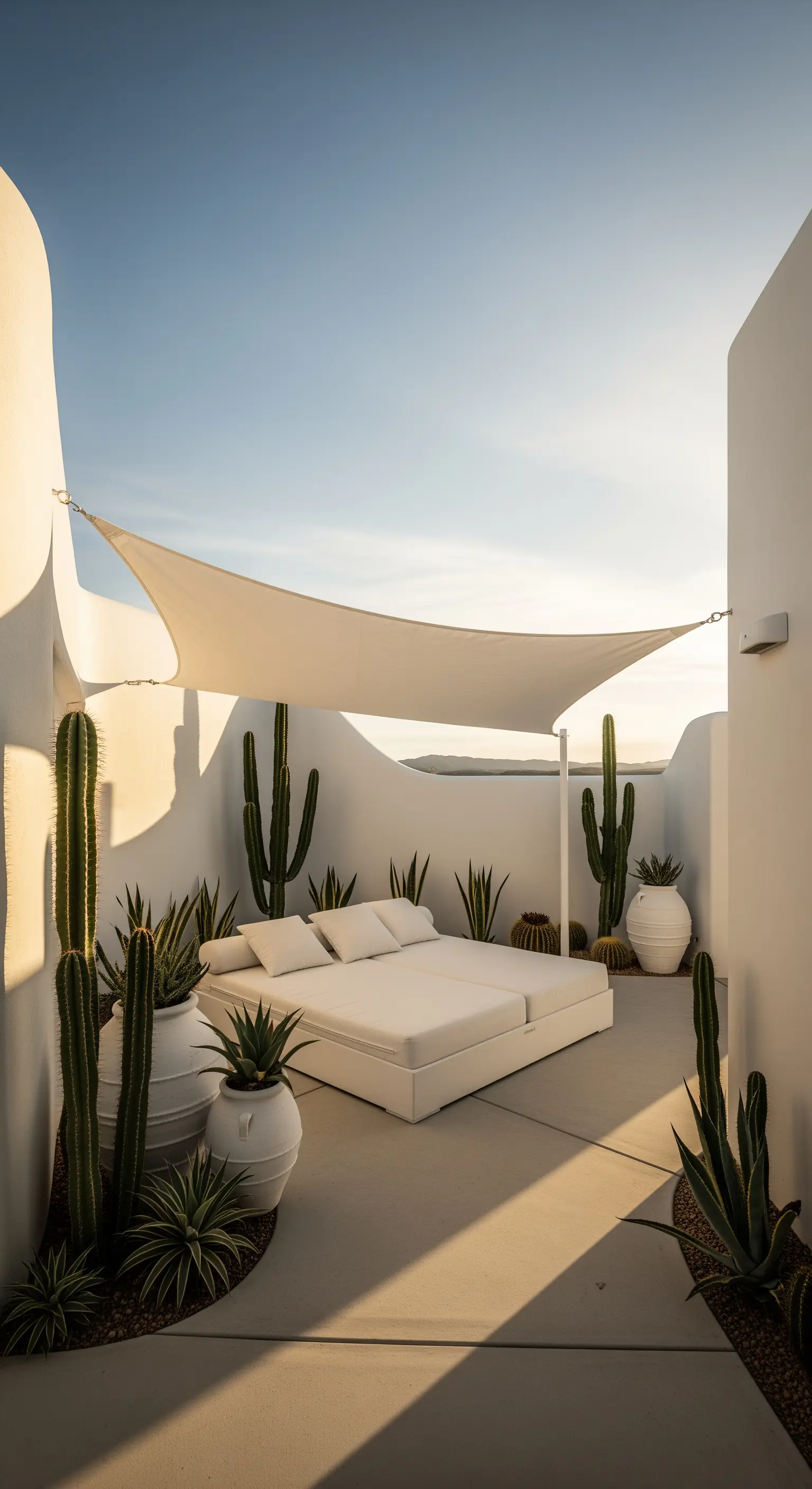 Outdoor-Daybed mit Sonnensegel und Kakteen in weißen Töpfen