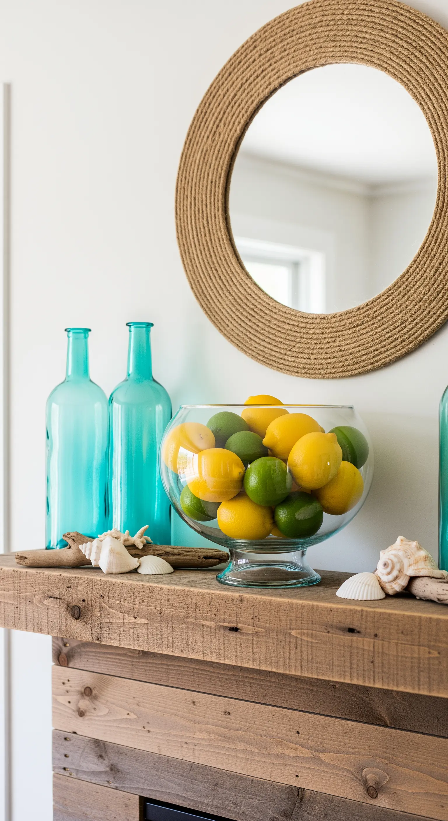 Sommerliche Kamin-Deko im Küstenstil mit Zitrusfrüchten, türkisfarbenen Flaschen und Muscheln.