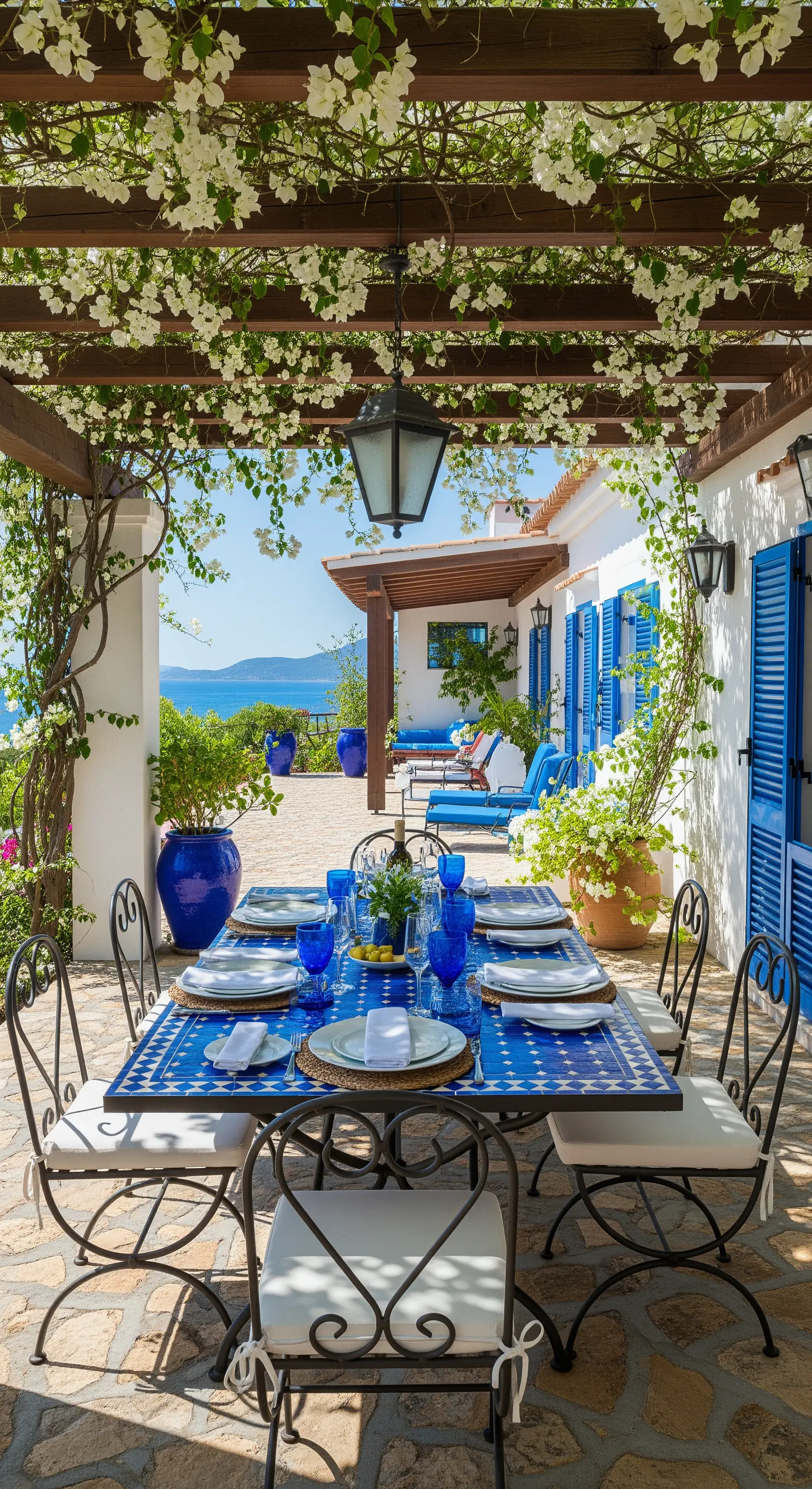 Mediterrane Terrasse mit azurblauen Möbeln, Bougainvillea und Meerblick