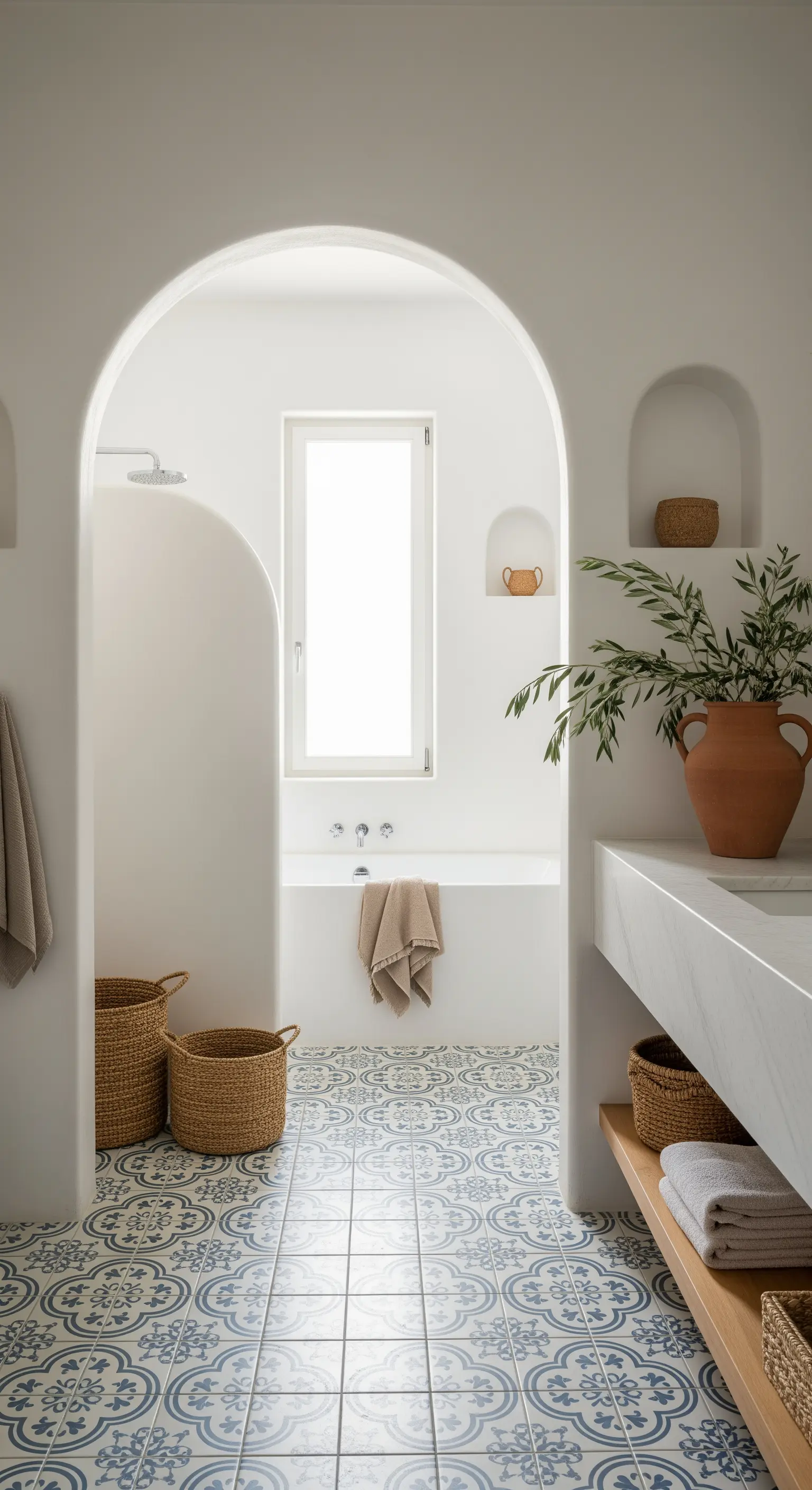 Helles Badezimmer im mediterranen Stil mit gemusterten Bodenfliesen und Bogendurchgang