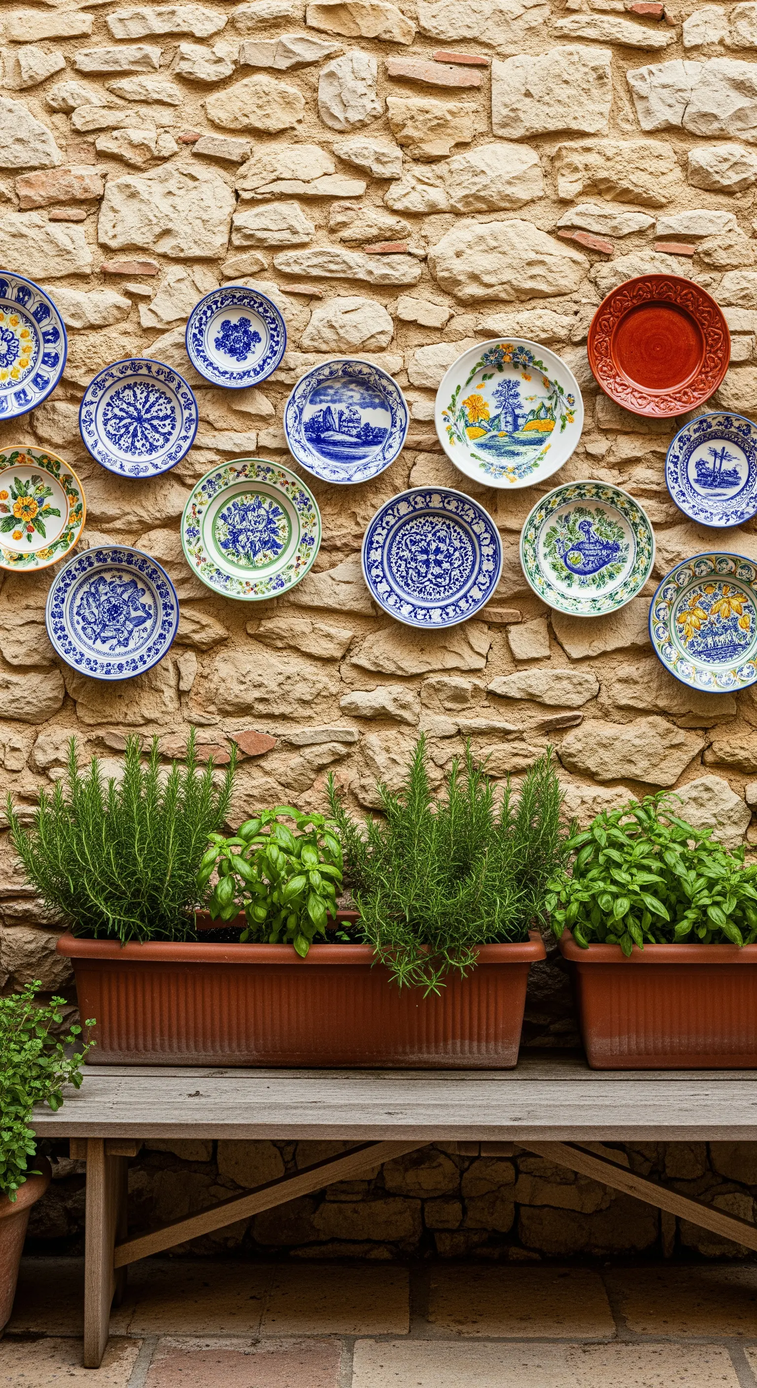 Rustikale Steinwand mit Keramik-Tellern und Kräuterkästen