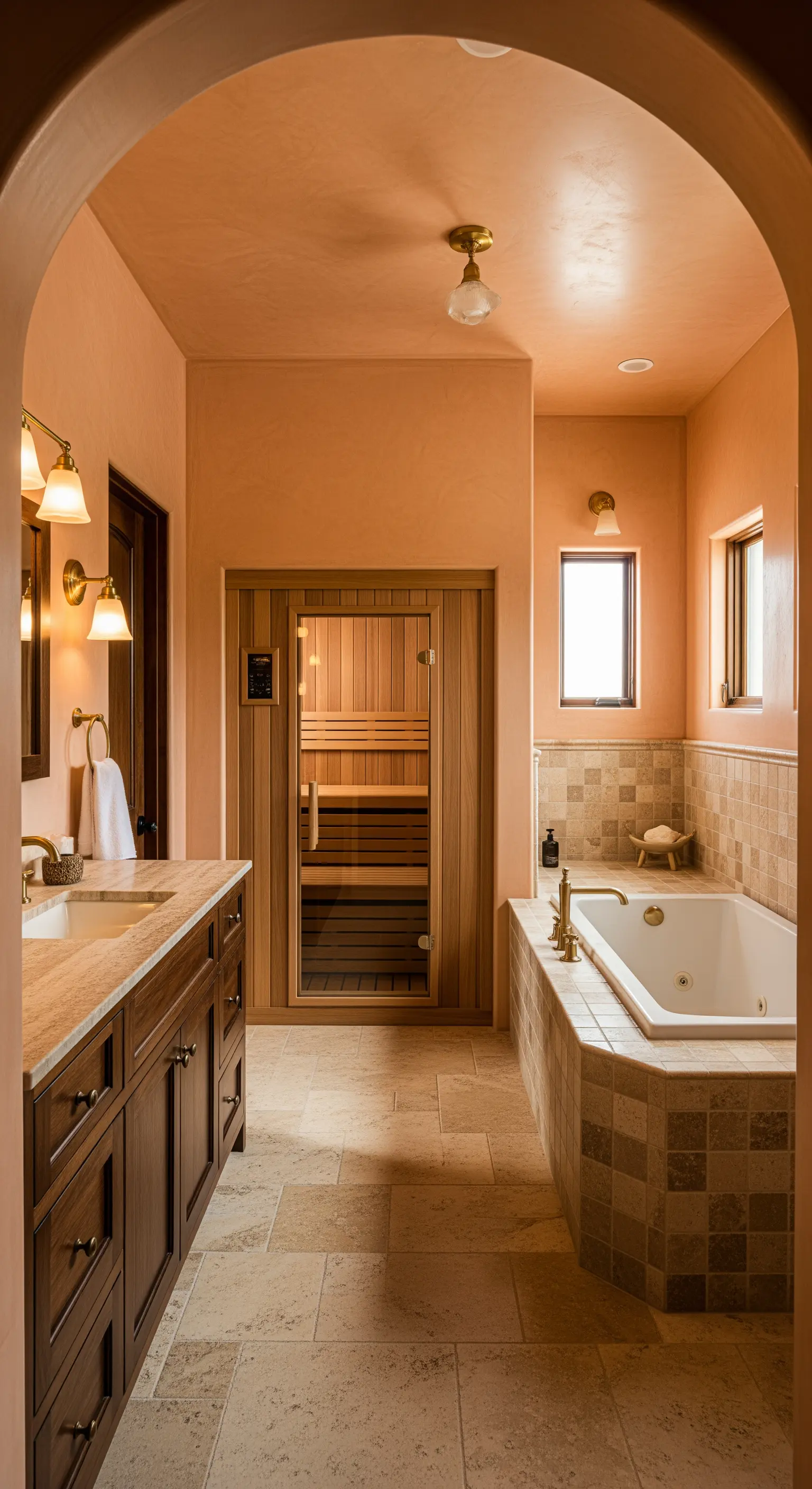 Badezimmer in Terrakotta-Tönen mit Holzsauna und Travertinfliesen.