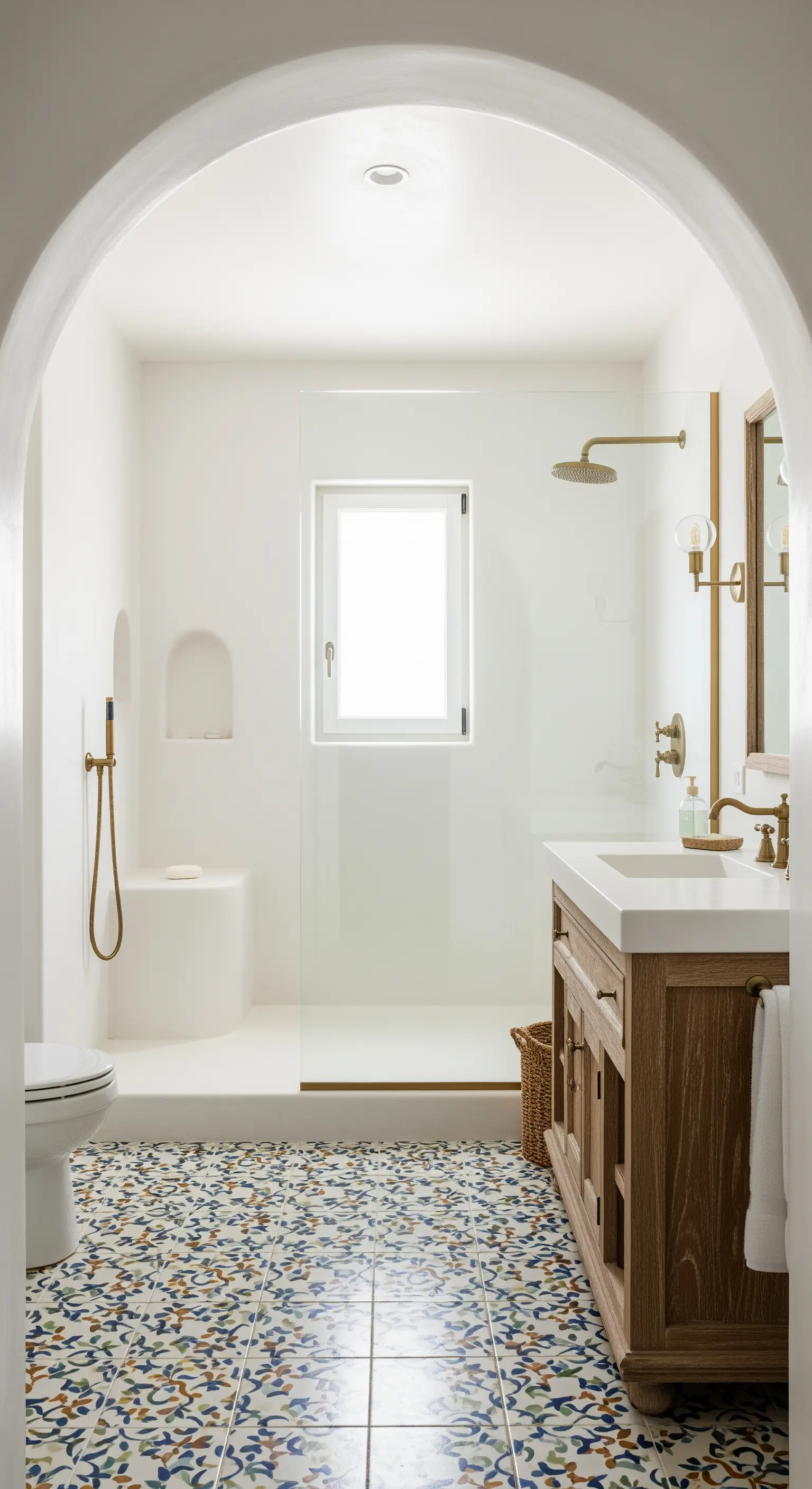Badezimmer im mediterranen Stil mit einem gewölbten Duscheingang und bunten Bodenfliesen