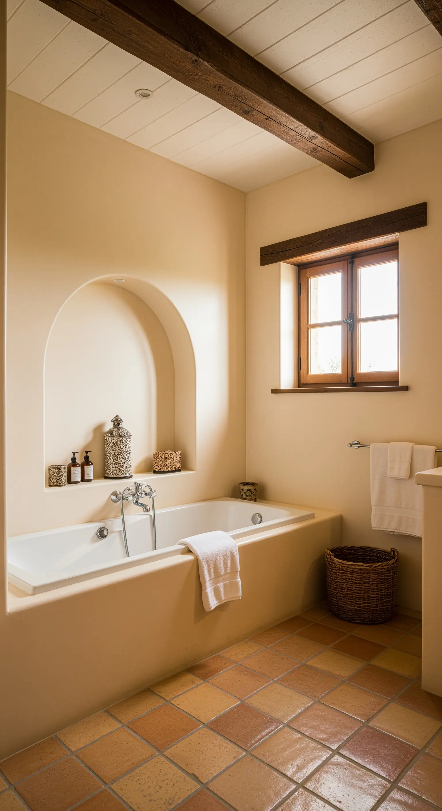 Badezimmer im mediterranen Stil mit Terrakottaboden, Holzbalken und einer gemauerten Badewanne.