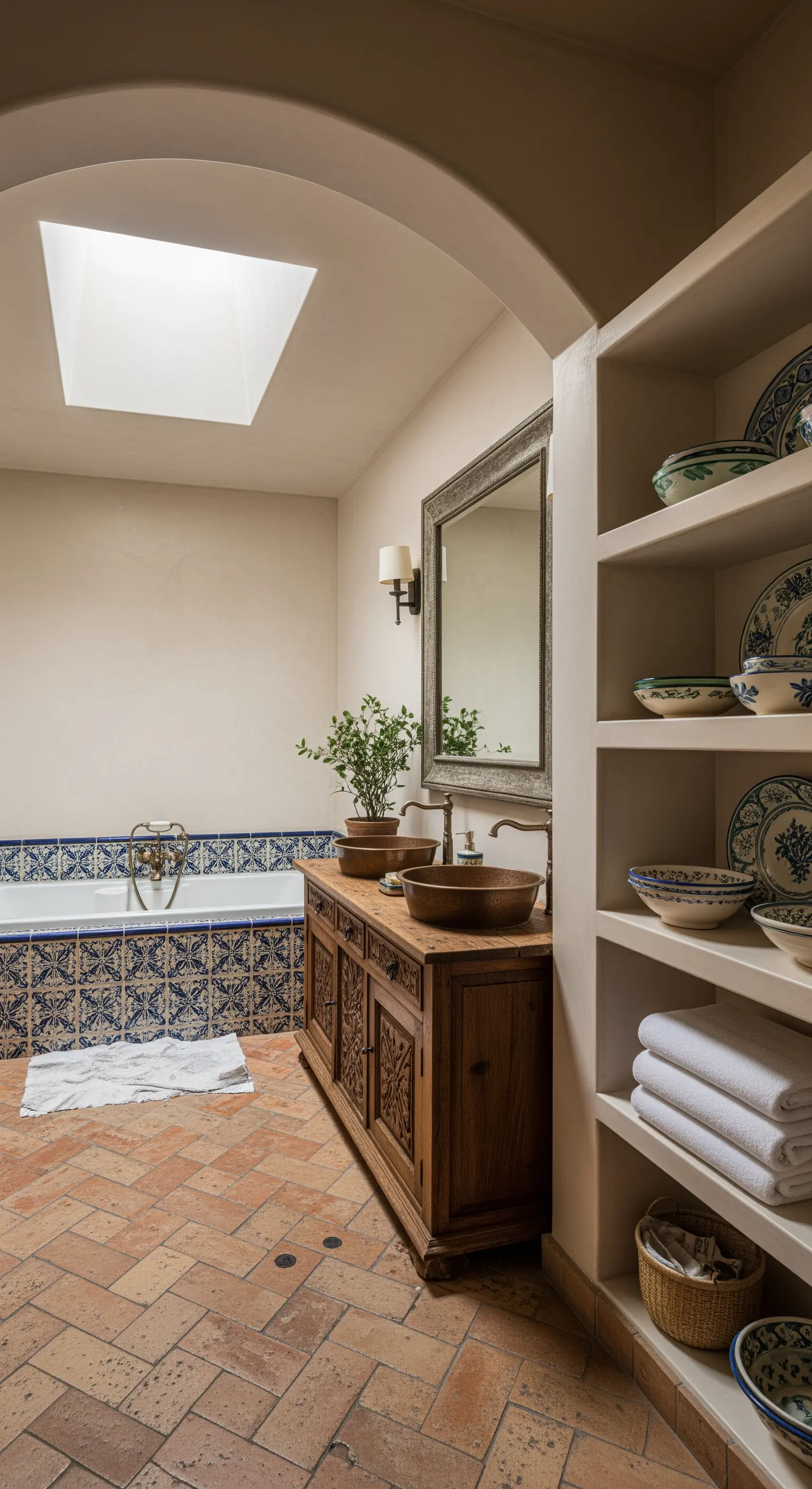 Mediterranes Badezimmer mit Terrakottaboden, blauen Musterfliesen und rustikalem Holzwaschtisch.