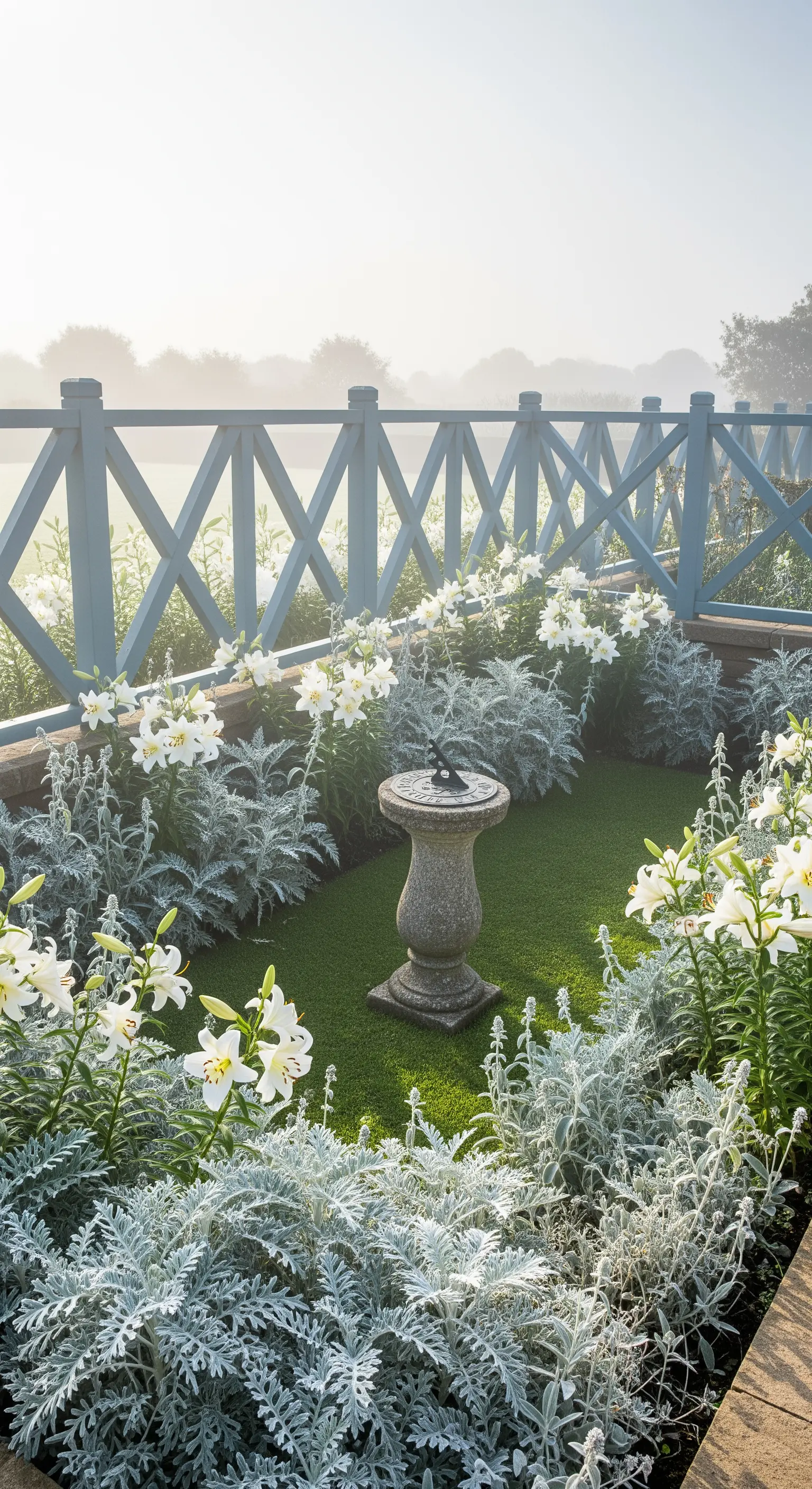 Blauer Kreuzzaun mit Sonnenuhr, weißen Lilien und silbrigen Pflanzen