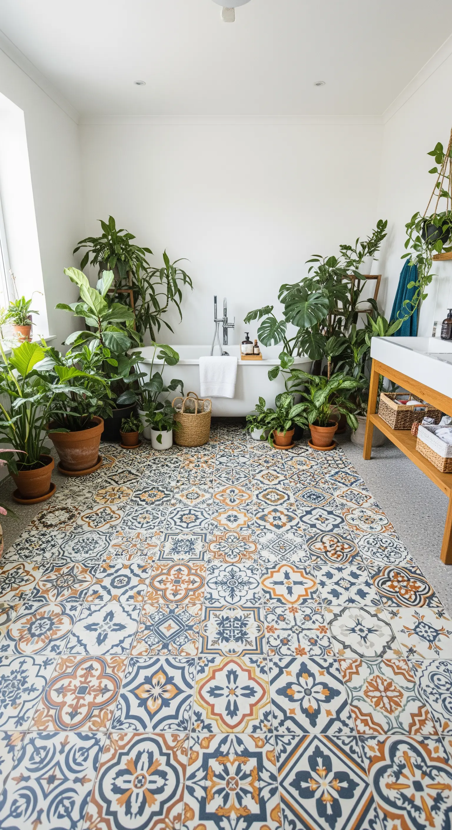 Boho-Badezimmer mit bunten, mediterranen Bodenfliesen und vielen Zimmerpflanzen.