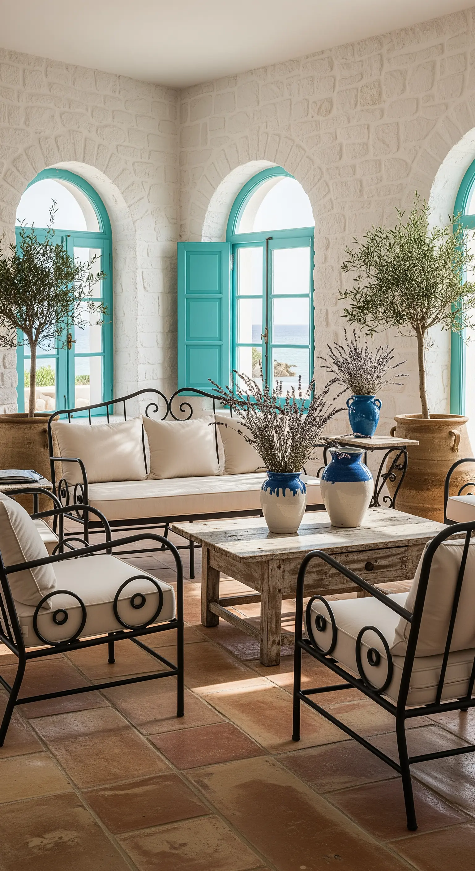 Mediterranes Wohnzimmer mit Aquamarin-Fenstern, Terrakotta-Boden und Olivenbäumen