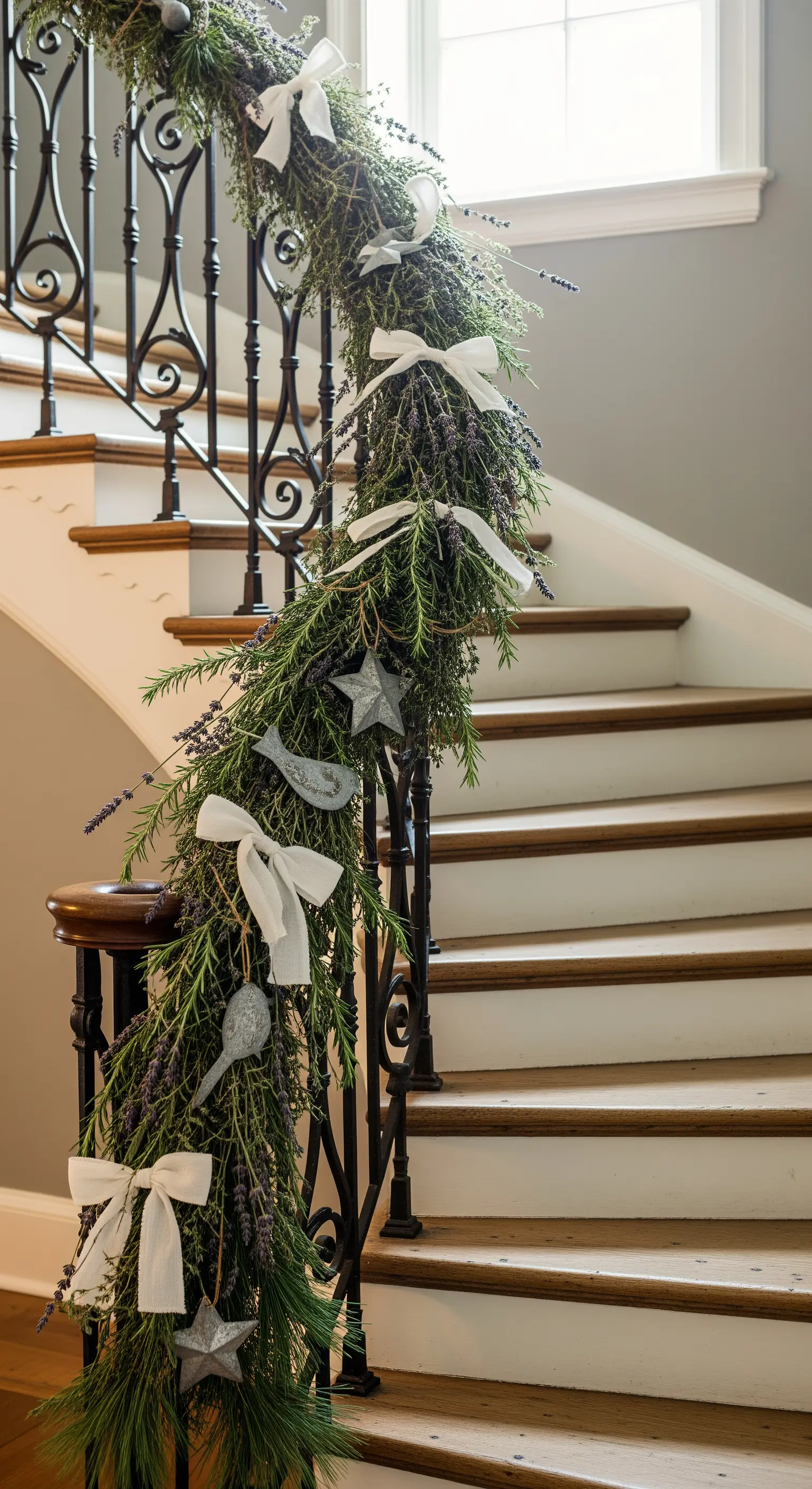 Schmiedeeiserne Treppe mit Lavendel-Girlande, weißen Bändern und silbernen Sternen/Vögeln.