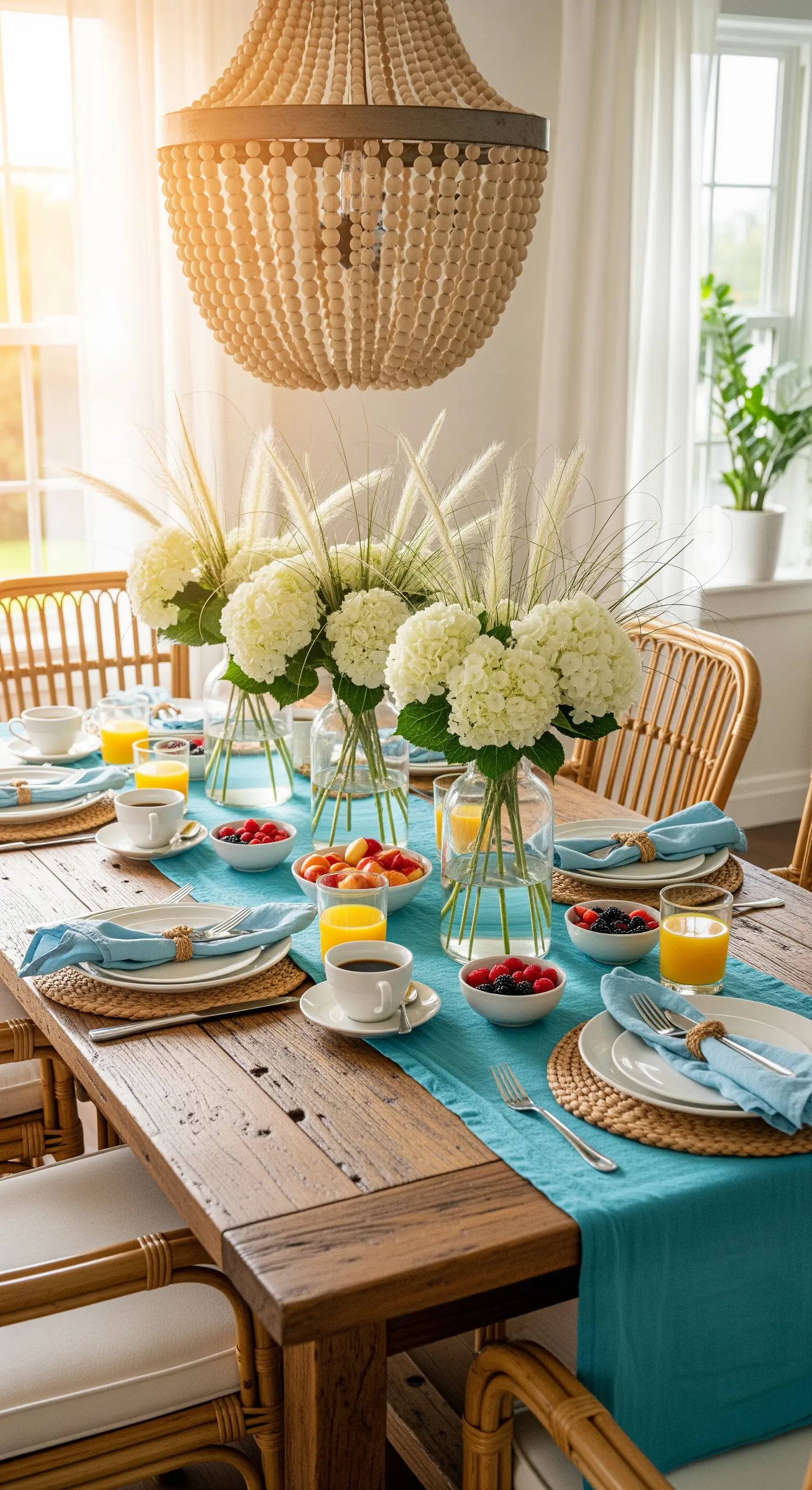 Sommerlicher Esstisch mit türkisfarbenem Läufer, Hortensien und Rattanstühlen