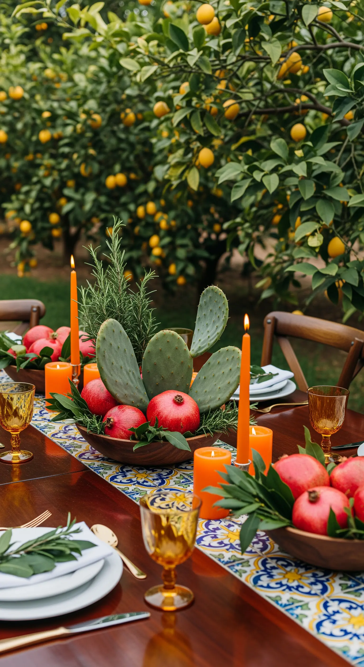 Holztisch mit Granatäpfeln, Kaktuspaddeln, orangen Kerzen und gemustertem Tischläufer.