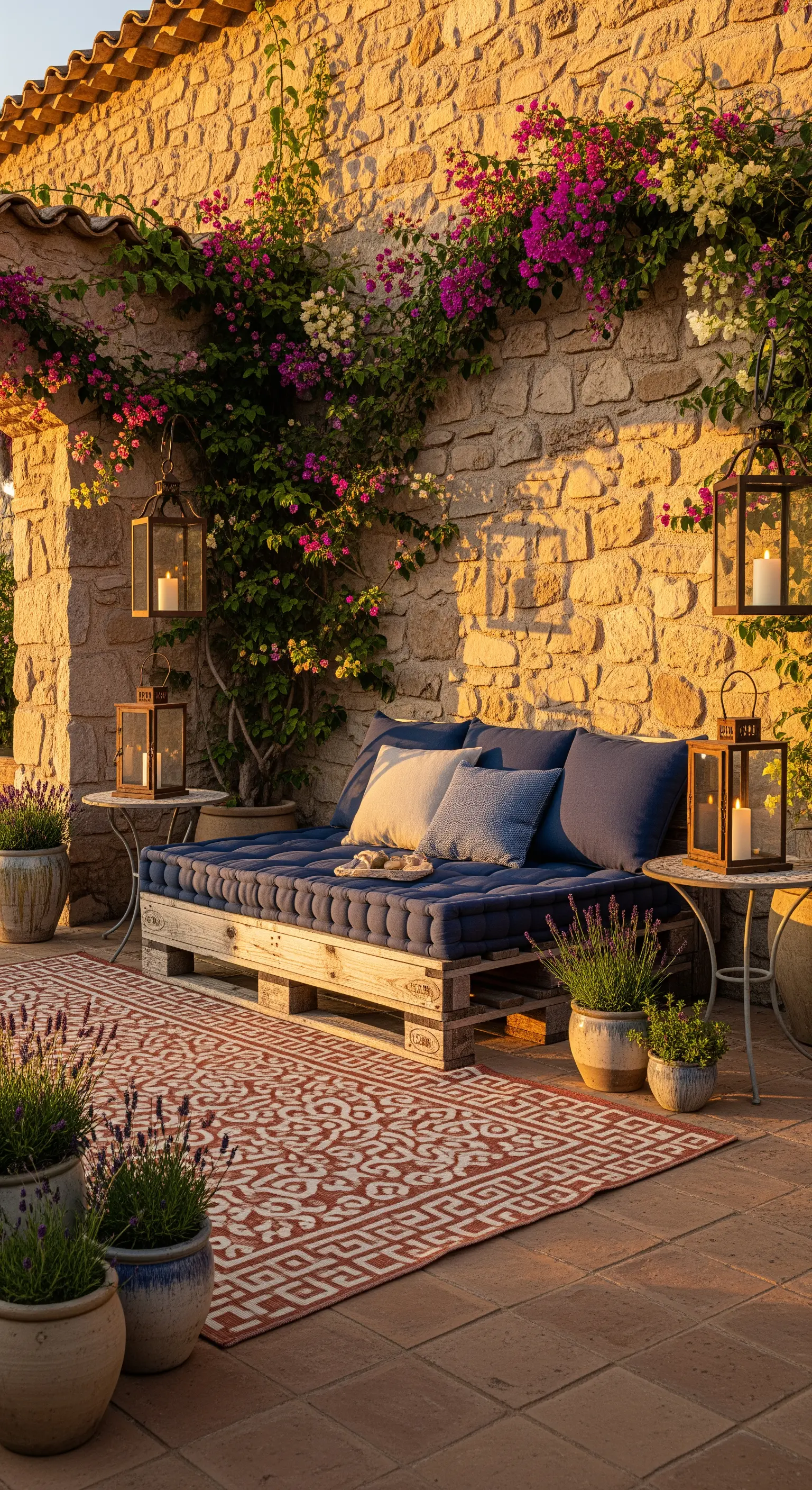 Rustikale Palettenlounge mit blauen Kissen und Laternenlicht auf einer Steinterrasse mit Blumen.