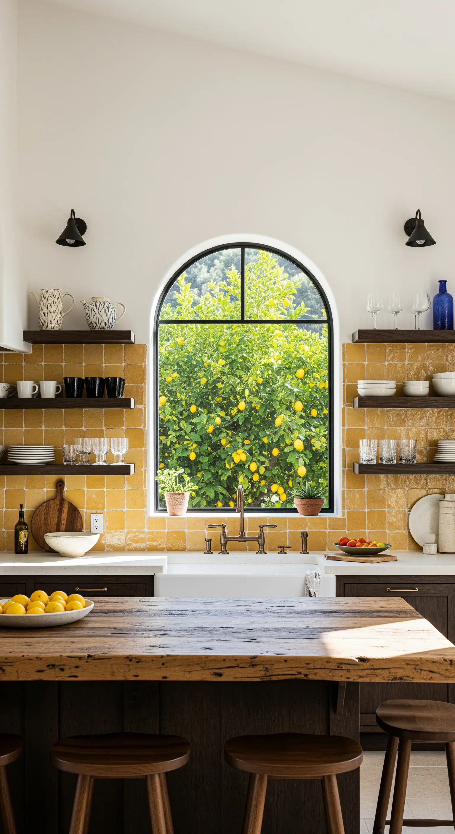 Mediterrane Küche mit gelben Fliesen, Holzinsele und Blick auf einen Zitronenbaum.