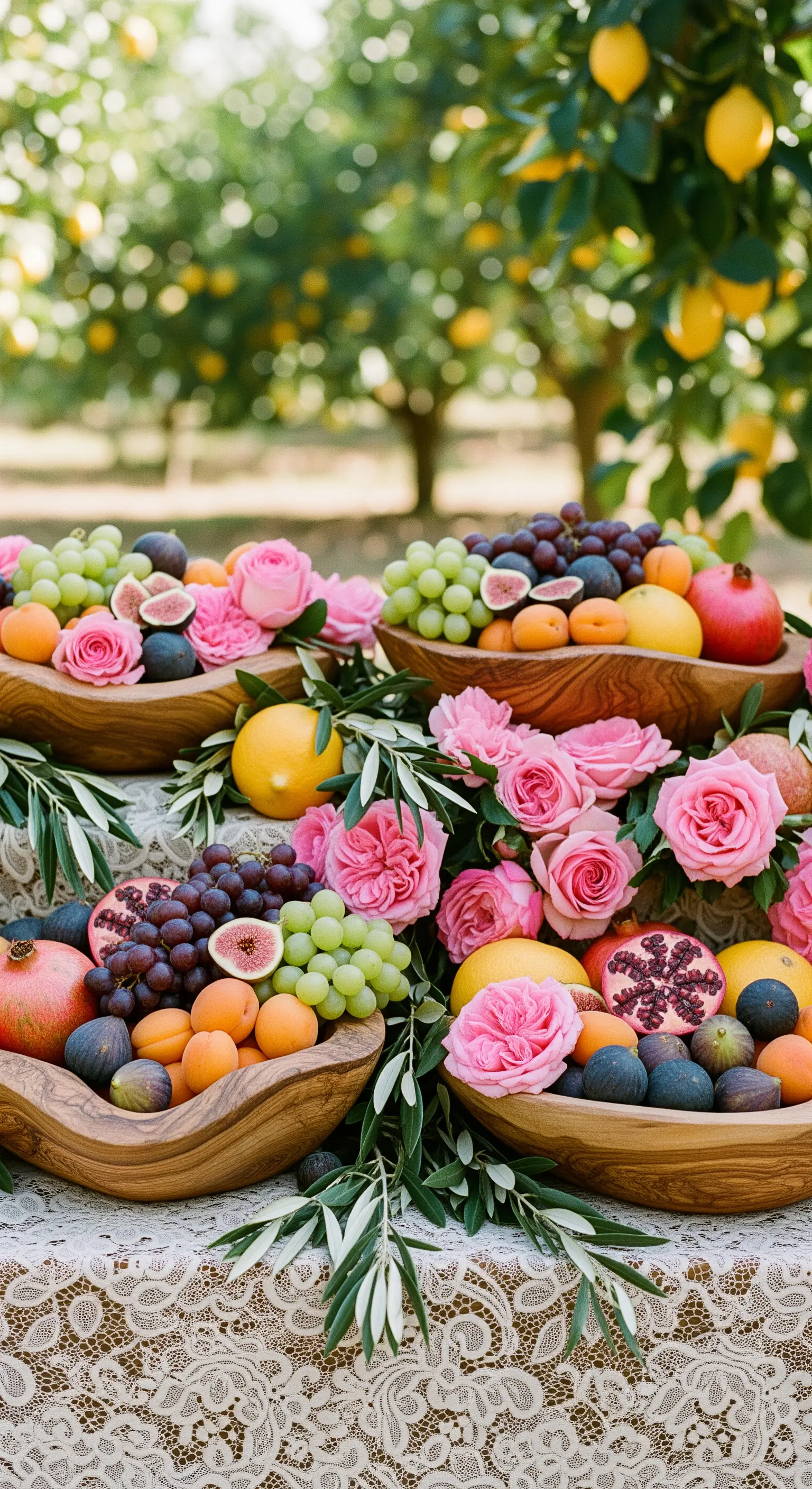 Üppiger Tisch mit mediterranen Früchten, rosa Rosen und Olivenzweigen auf Spitzendecke