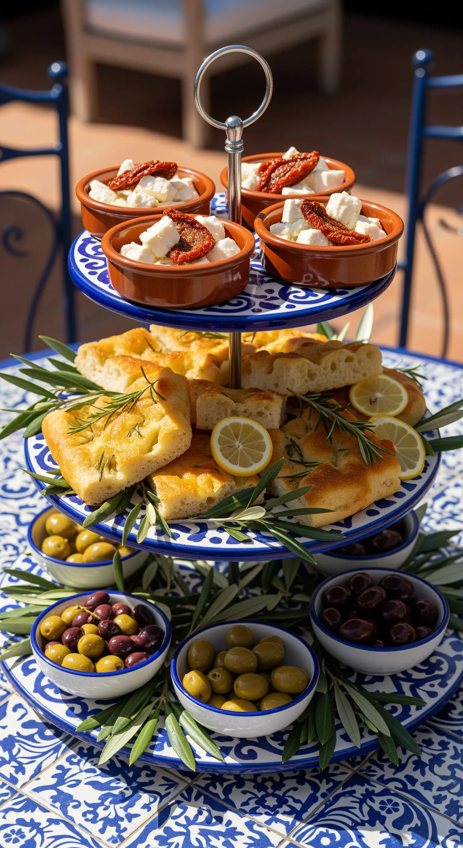 Mediterrane Etagere mit Fliesenmuster, Focaccia, Oliven und Feta.