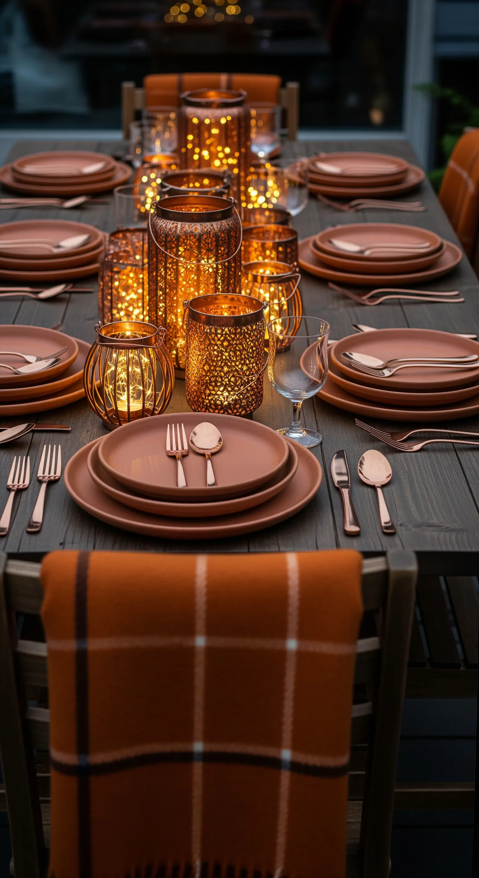 Mediterrane Herbsttafel, Terrakotta-Geschirr, Lichterketten-Laternen, orange Plaids.