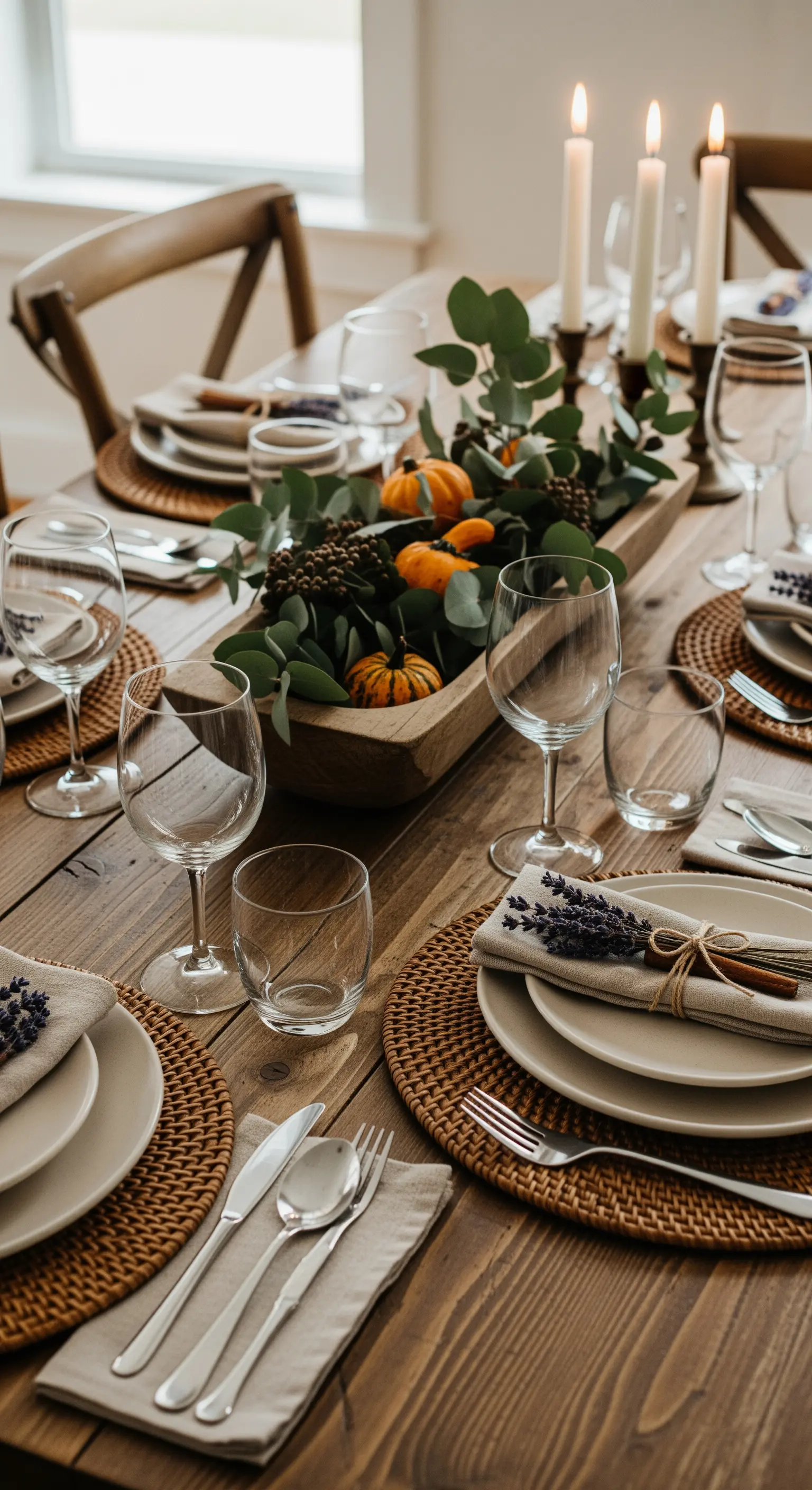 Rattan-Platzsets, Lavendel-Servietten, Holzkürbisse, Eukalyptus-Zweige auf rustikalem Holztisch für Herbst-Dinner
