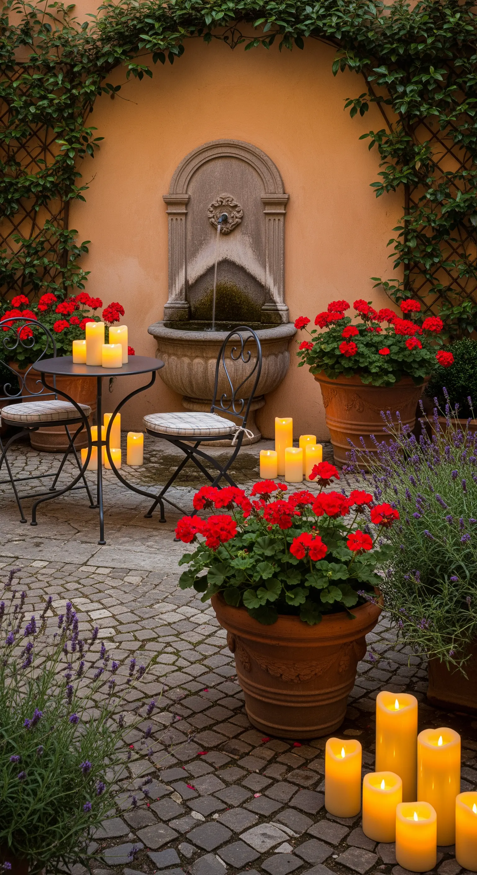 Wandbrunnen, rote Geranien in Terrakottatöpfen, Lavendel und Kerzen in einem Hof
