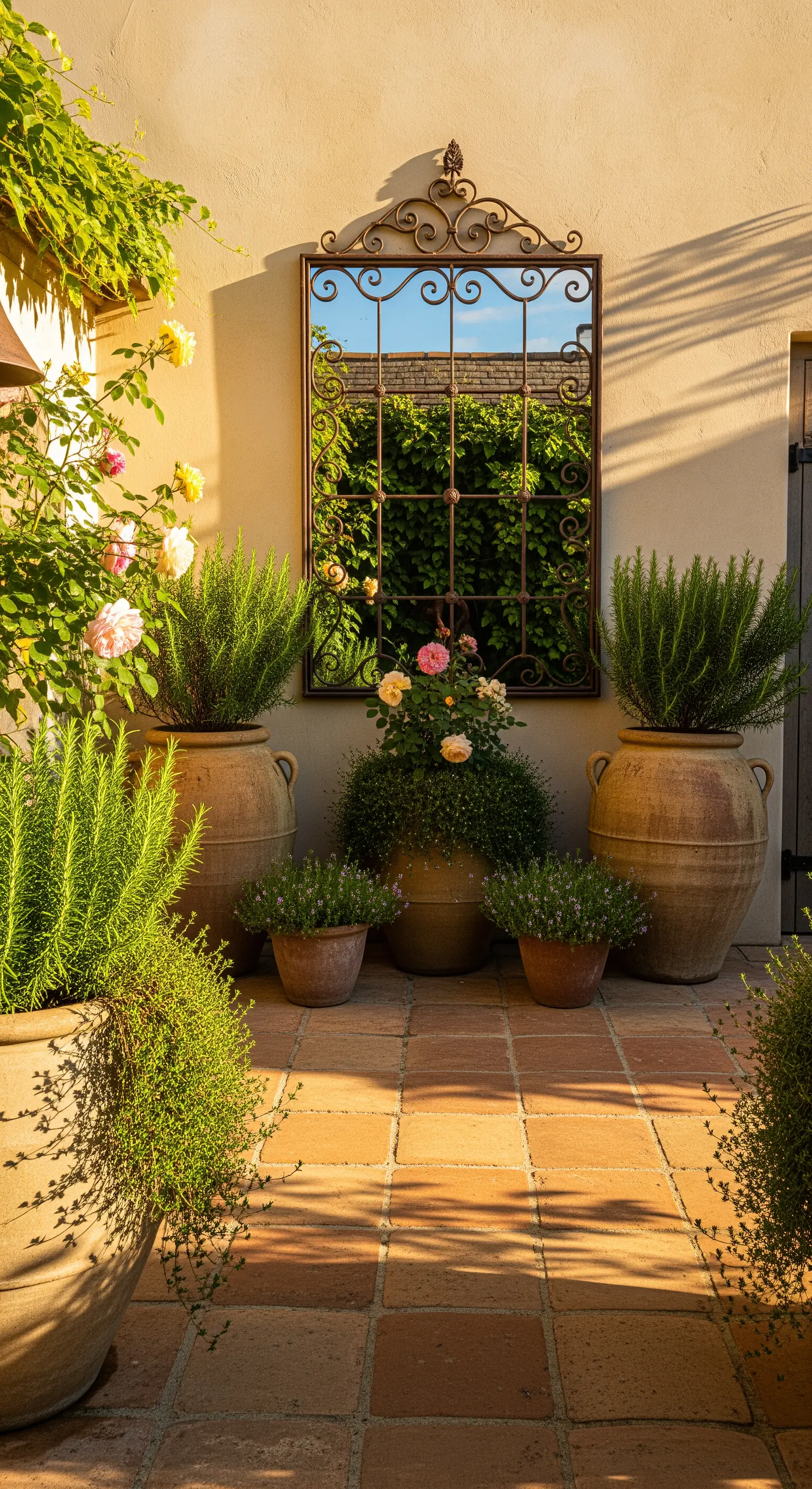 Hof mit großem Wandspiegel, Terrakotta-Töpfen und Rosmarinpflanzen