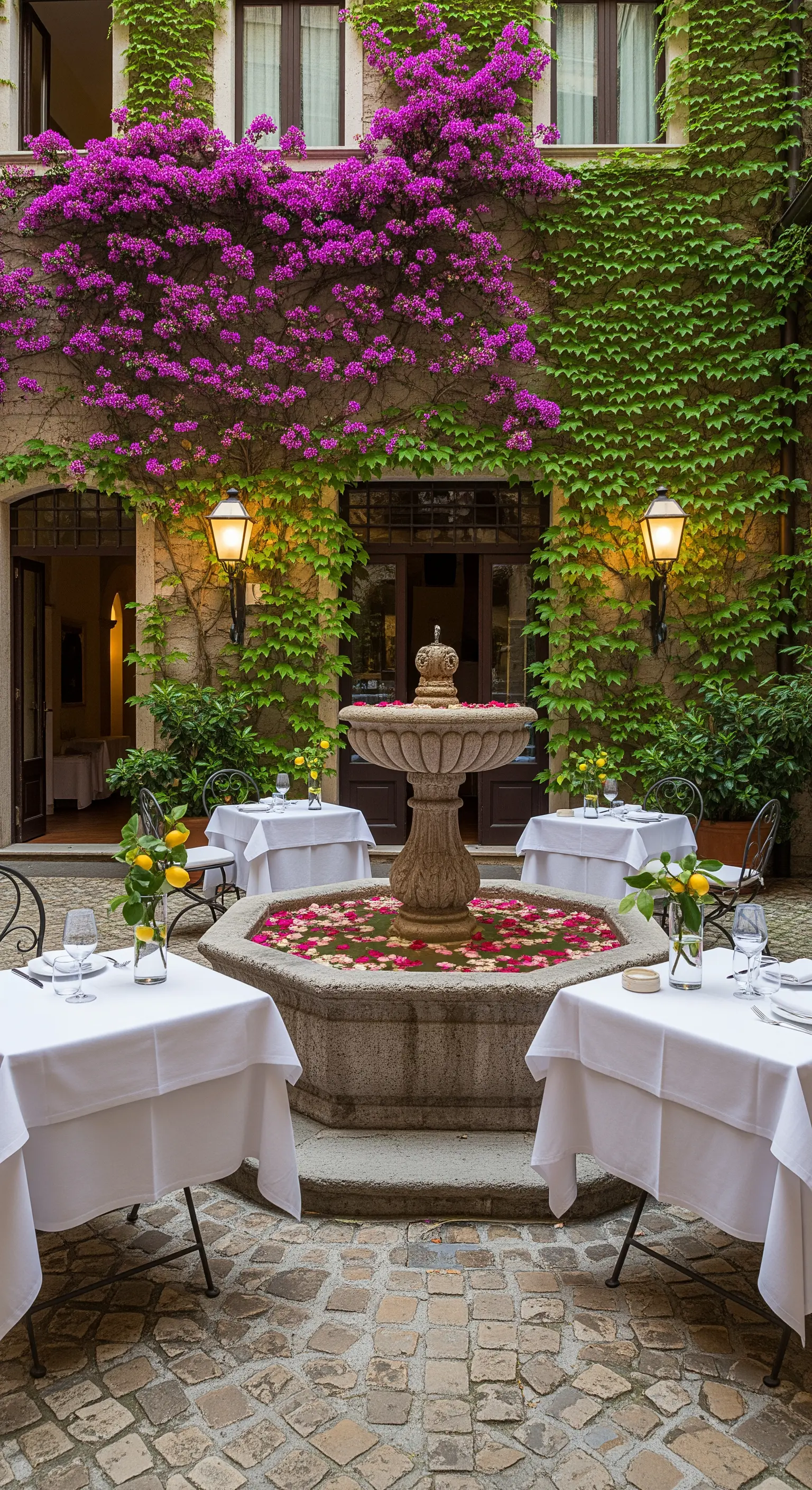 Romantischer Innenhof mit blühender Bougainvillea und Brunnen