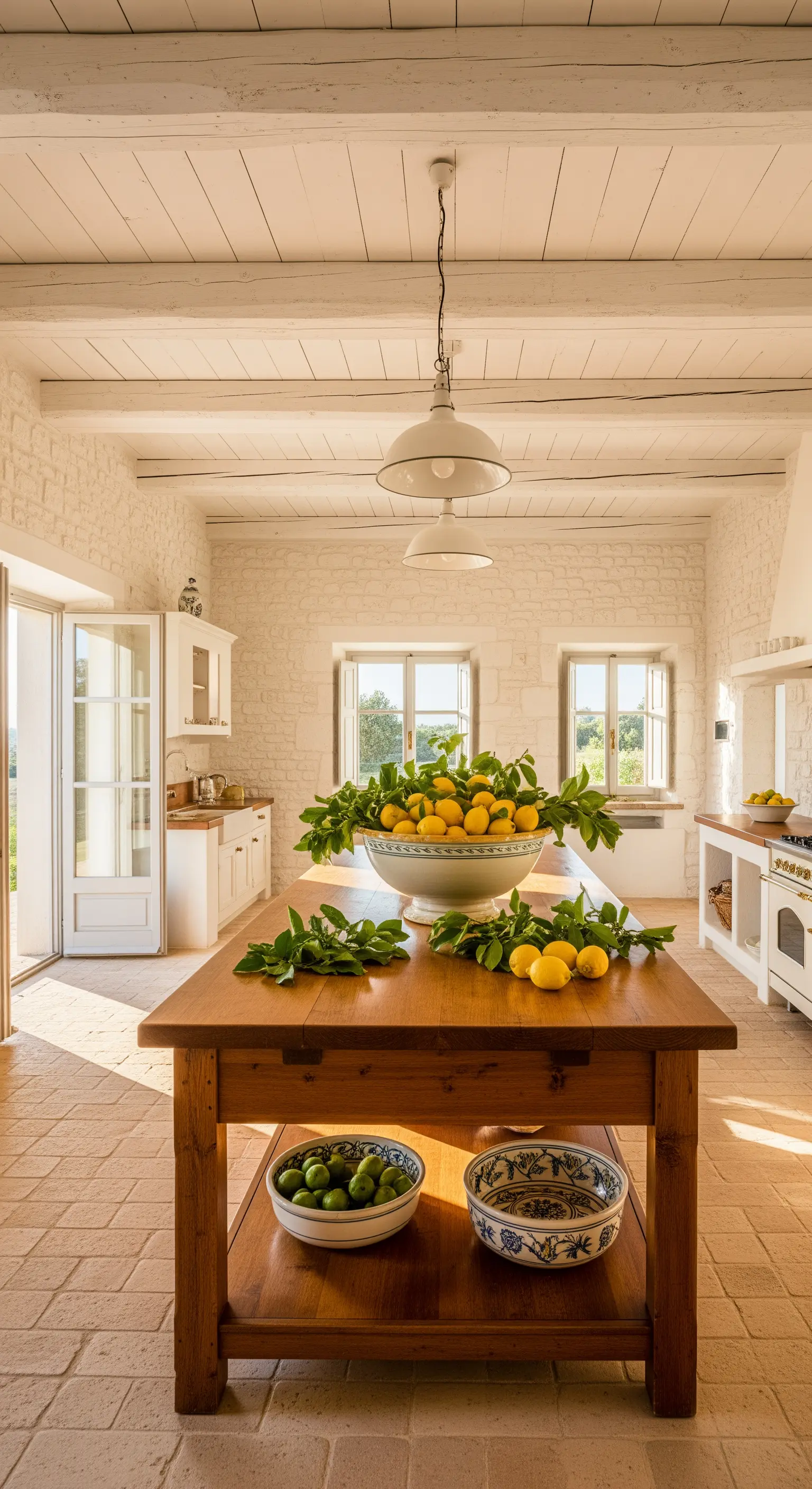 Rustikaler Küchentisch mit Zitronen- und Olivenzweigen als Herzstück