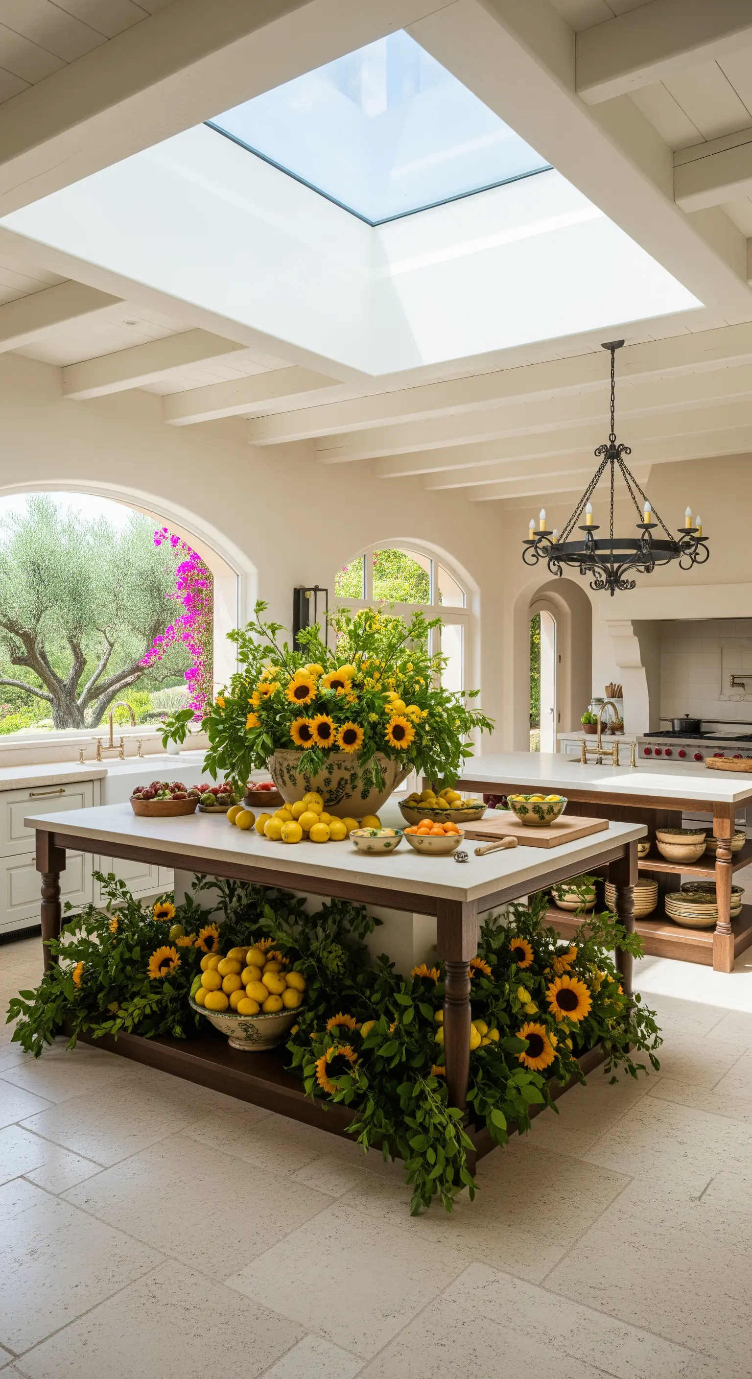 Kücheninsel mit üppigem Sonnenblumen-Zitronen-Arrangement