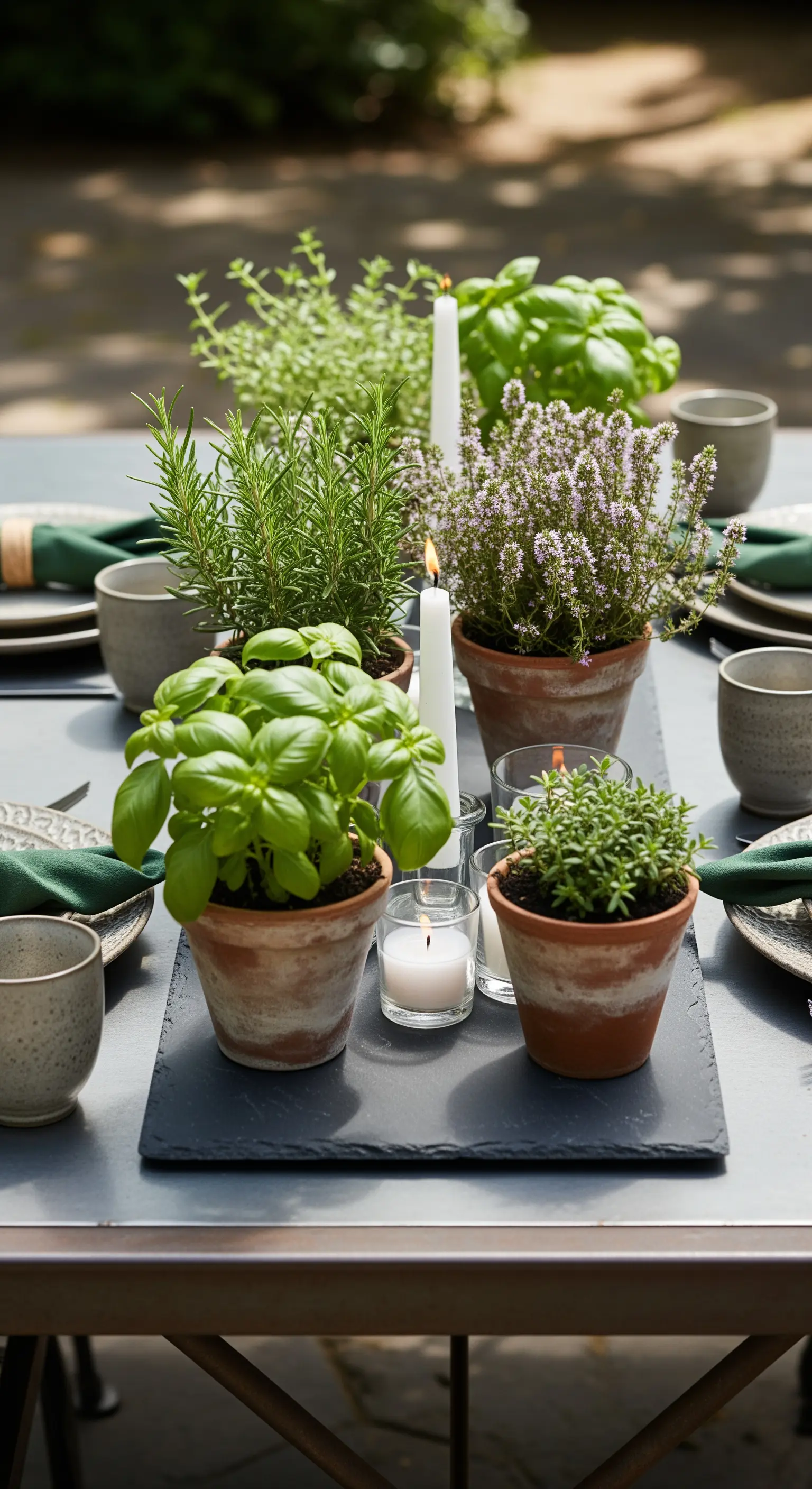 Kräuter-Centerpiece mit Terrakotta-Töpfen und Kerzen auf Schiefer