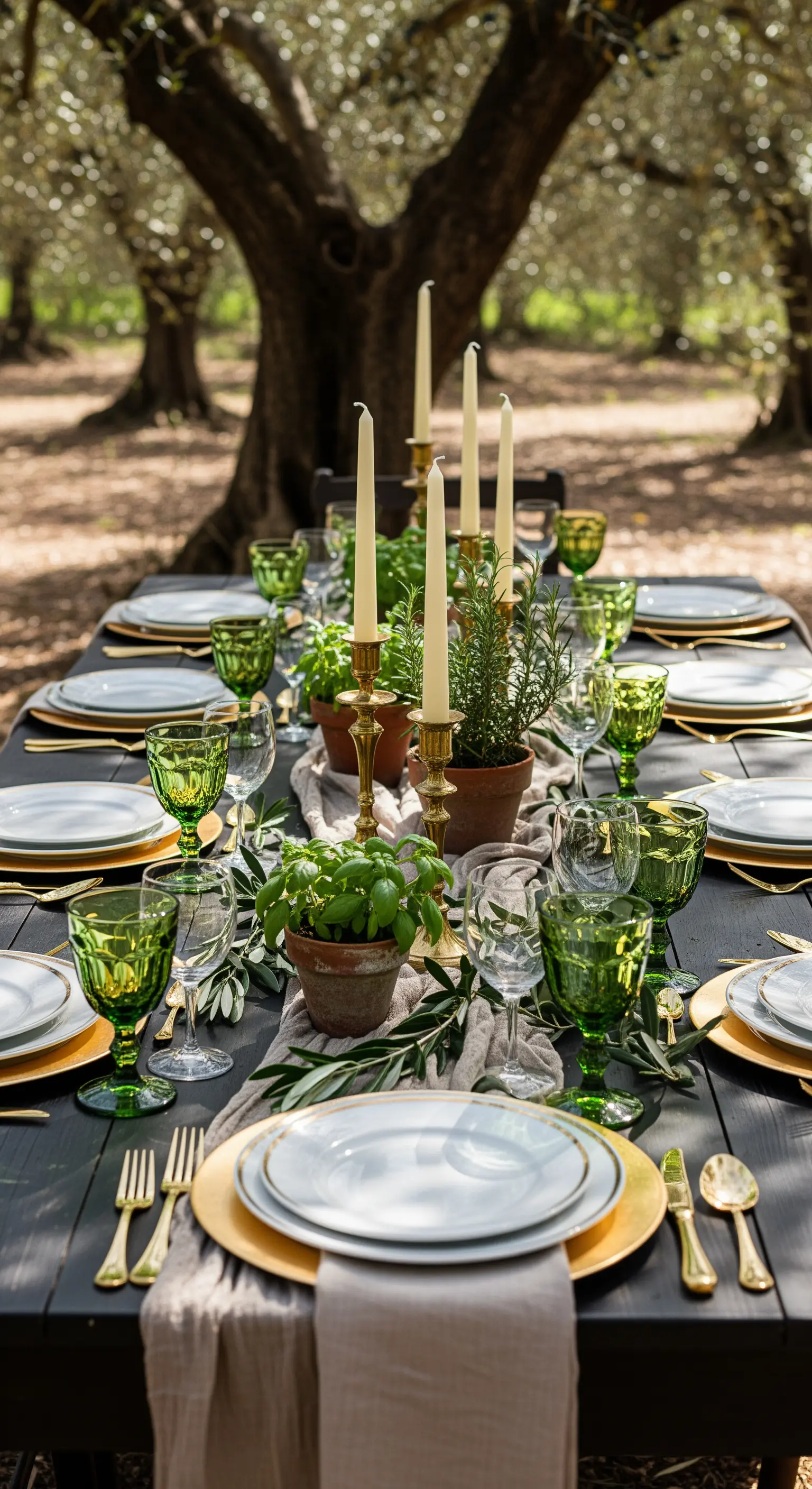 Tafel unter Olivenbäumen, Kräutertöpfe, grüne Gläser, Gold-Porzellan, rustikal