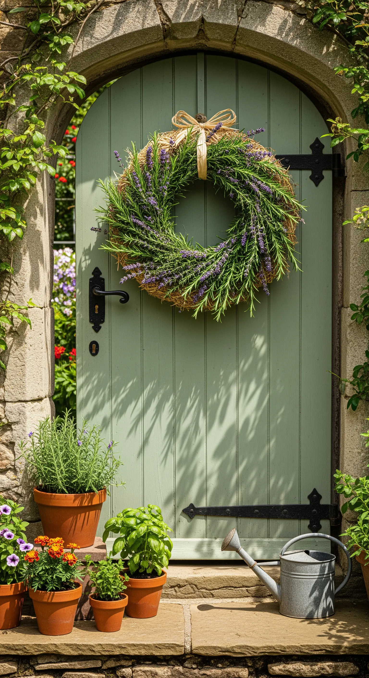 Üppiger Kranz aus Rosmarin und Lavendel mit Bastschleife an einer mintgrünen Holztür.