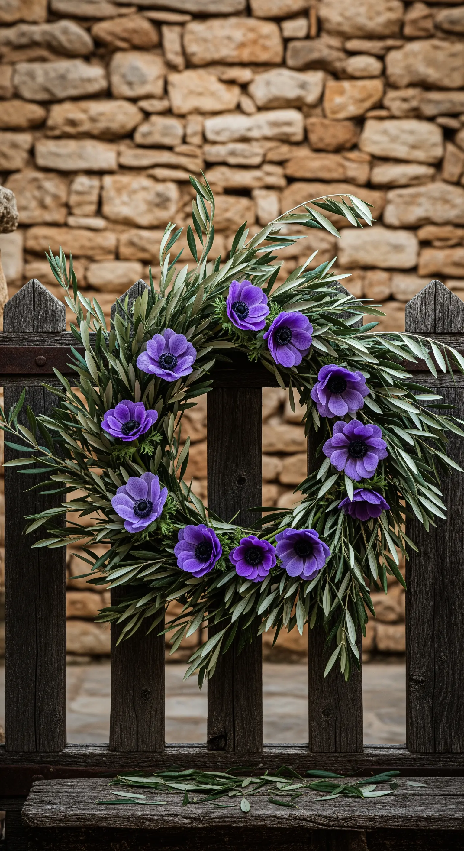 Olivenkranz mit lila Anemonen an rustikalem Zaun