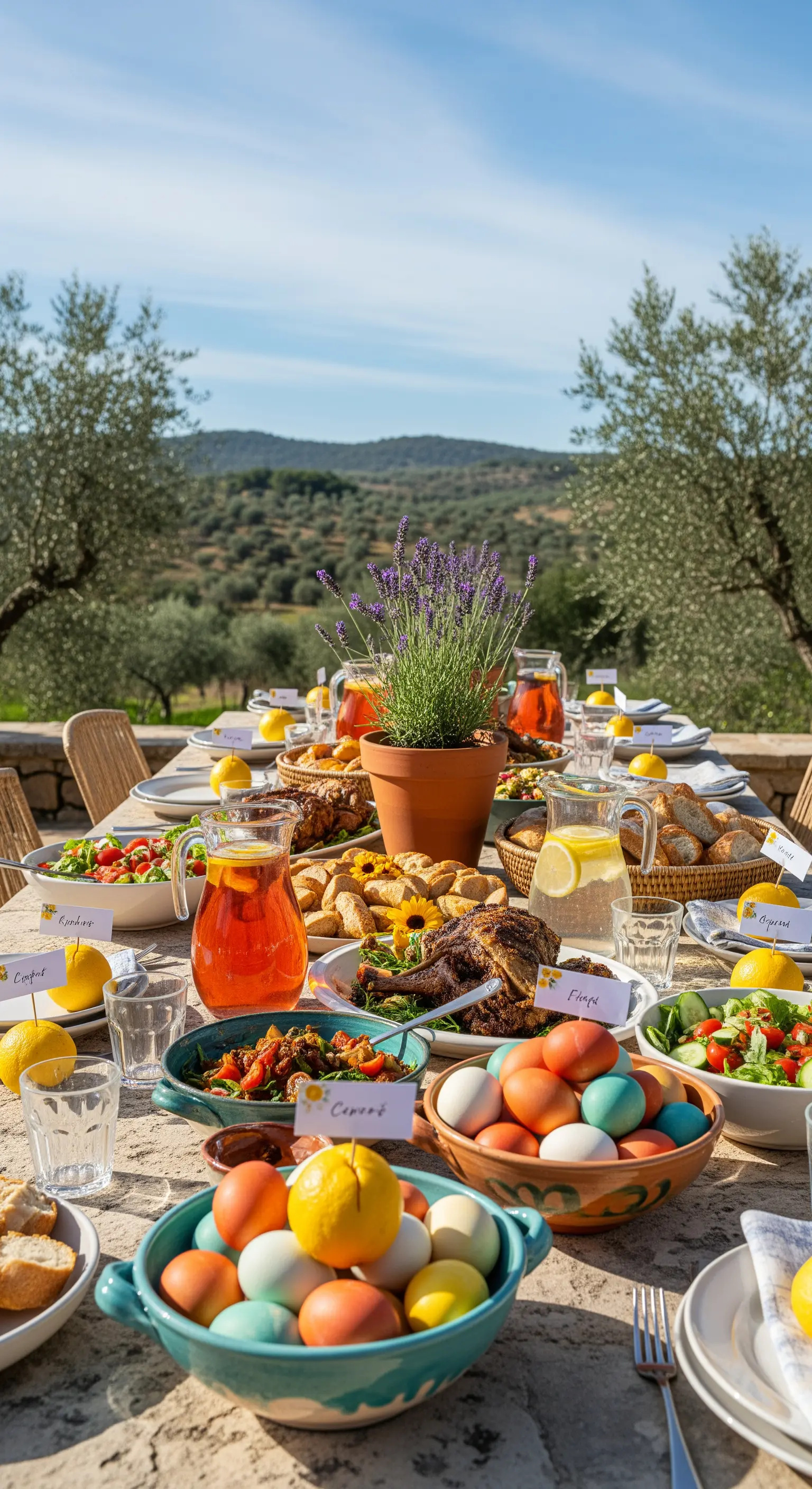 Mediterraner Osterbrunch unter Olivenbäumen mit Lavendel, Zitronen und bunten Eiern