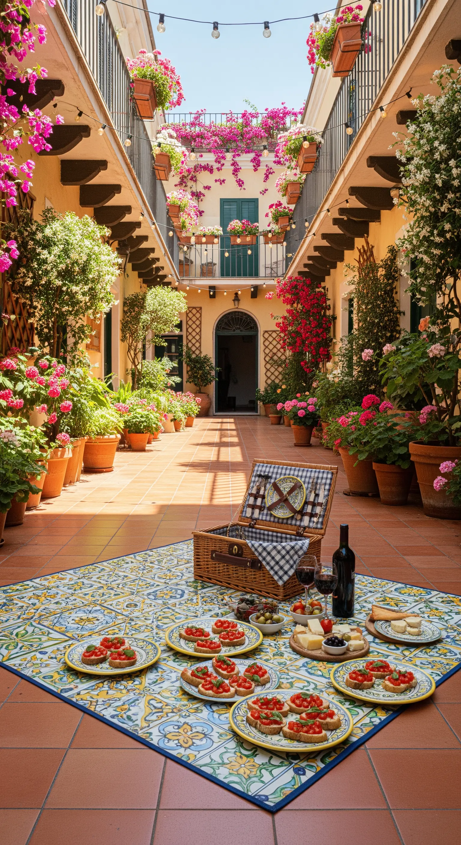 Bunter Innenhof mit mediterranen Kacheln, vielen Pflanzen und angerichteten Häppchen