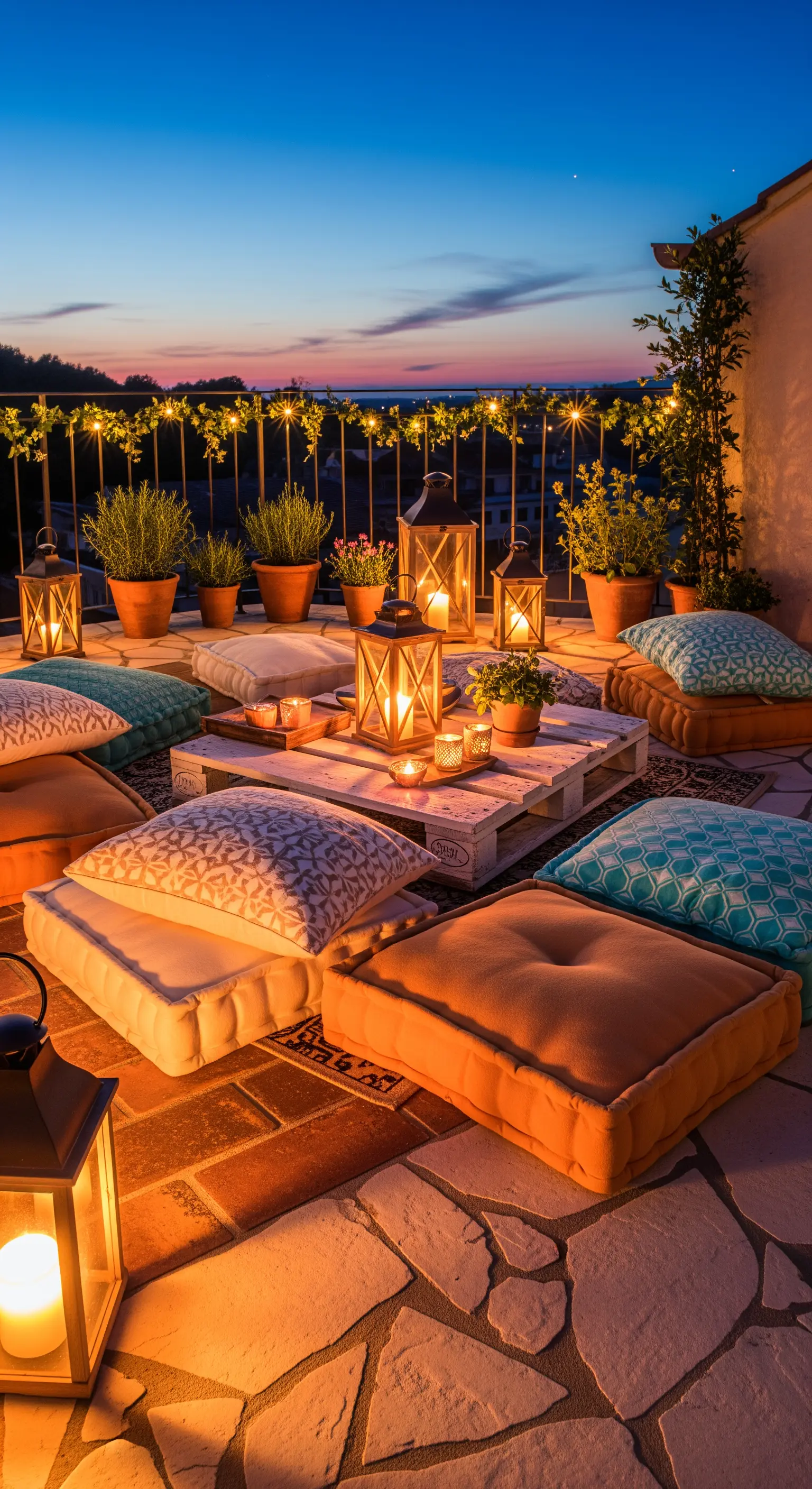 Dachterrasse mit Palettenmöbeln, Kissen, Laternen und Lichterketten bei Sonnenuntergang.