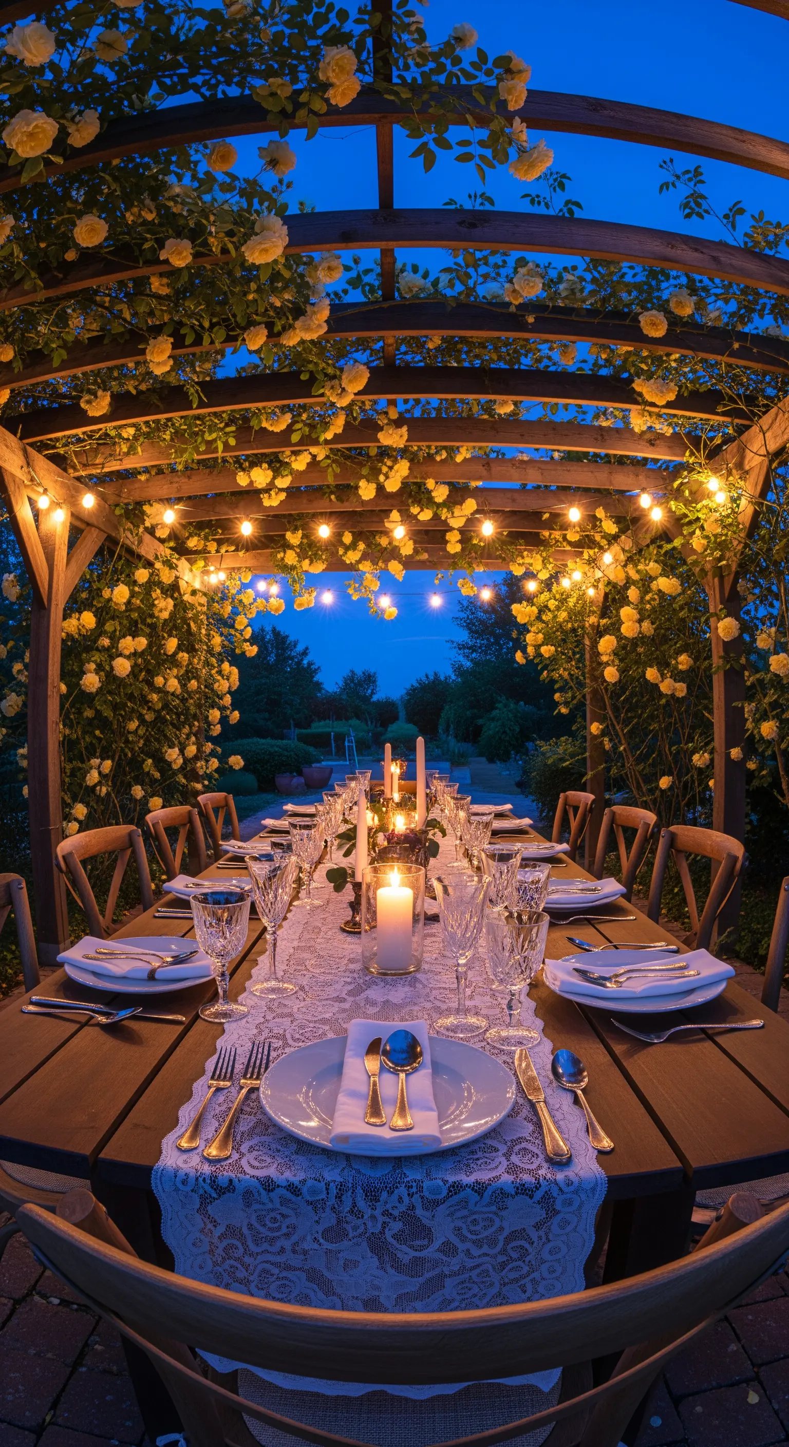 Festlich gedeckter Esstisch unter Pergola mit gelben Rosen und Lichterketten.