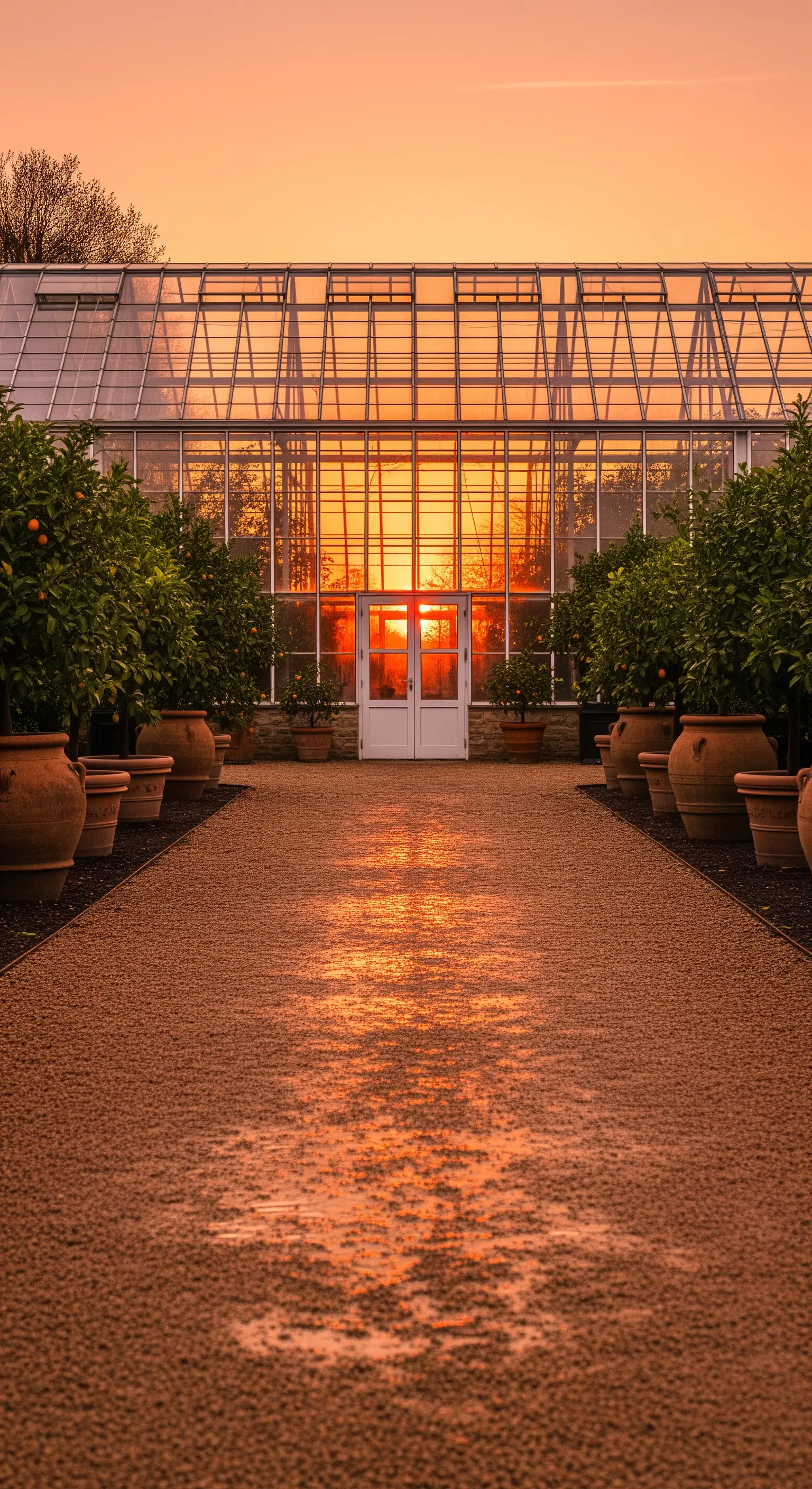 Kiesweg zur Orangerie bei Sonnenuntergang, mit Zitrusbäumen in Töpfen