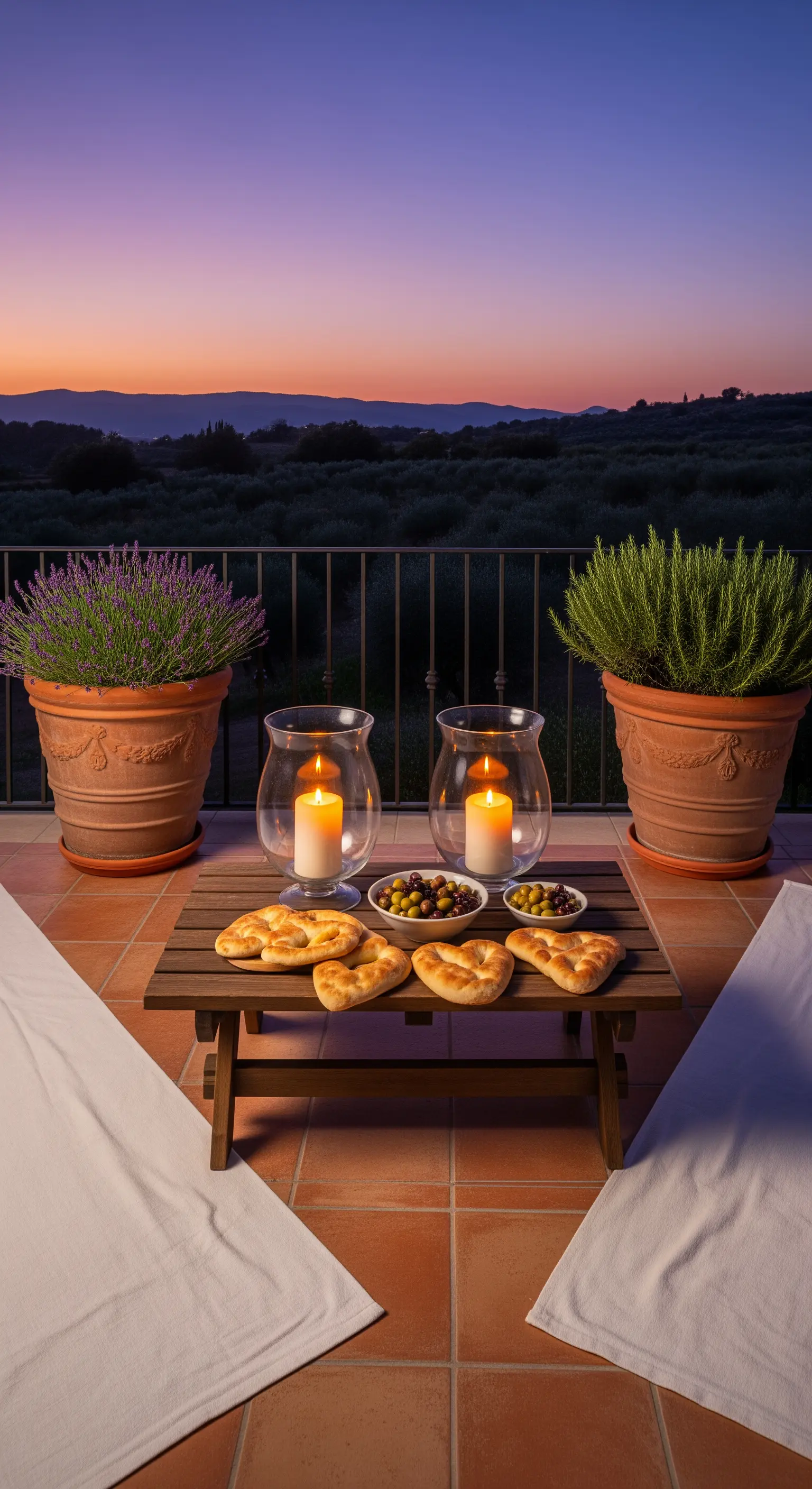 Mediterraner Balkon mit Lavendel, Rosmarin, Holztisch, Windlichtern und Oliven.
