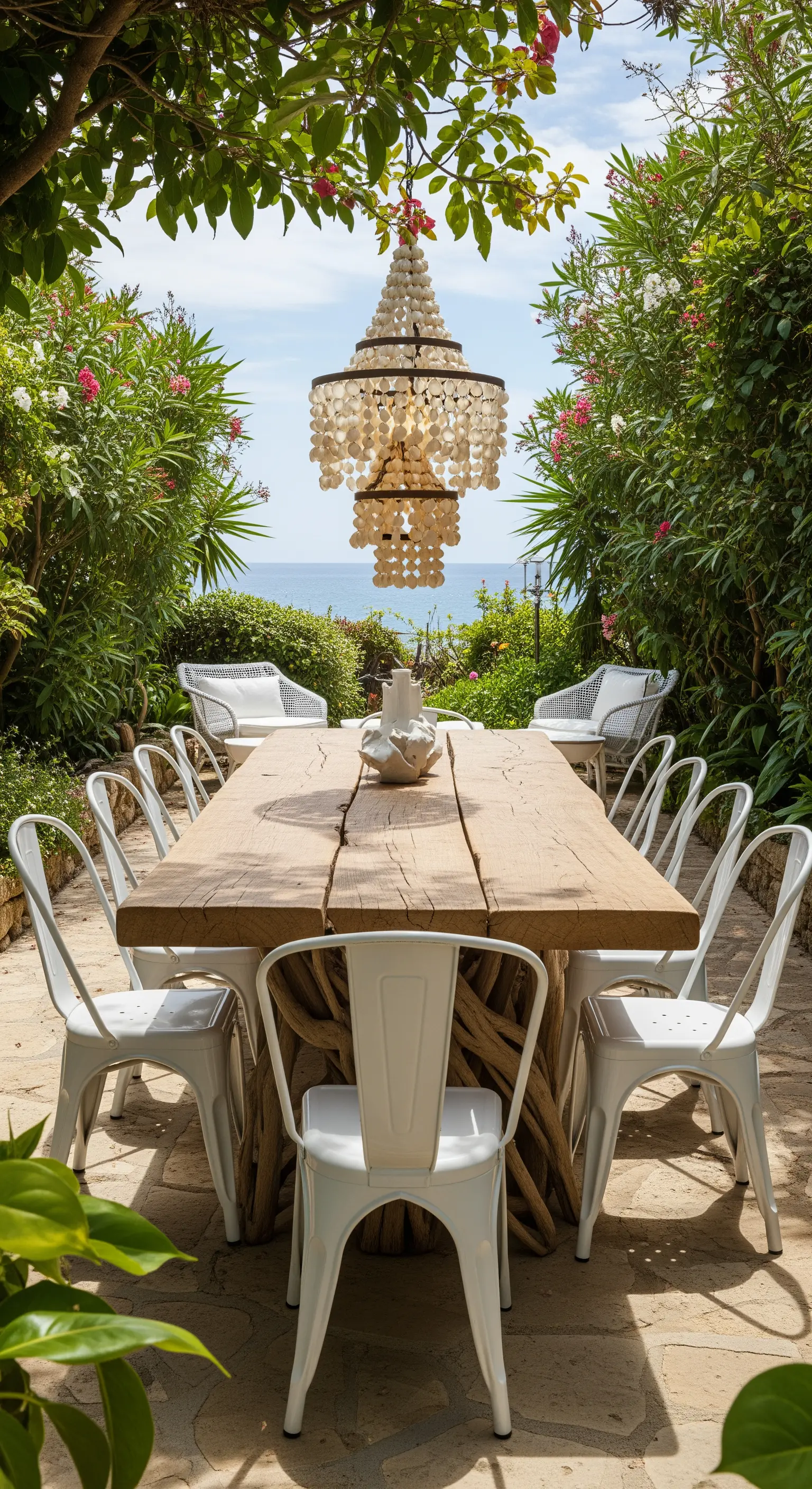 Outdoor-Essbereich mit Meerblick, Holztisch und Muschel-Kronleuchter