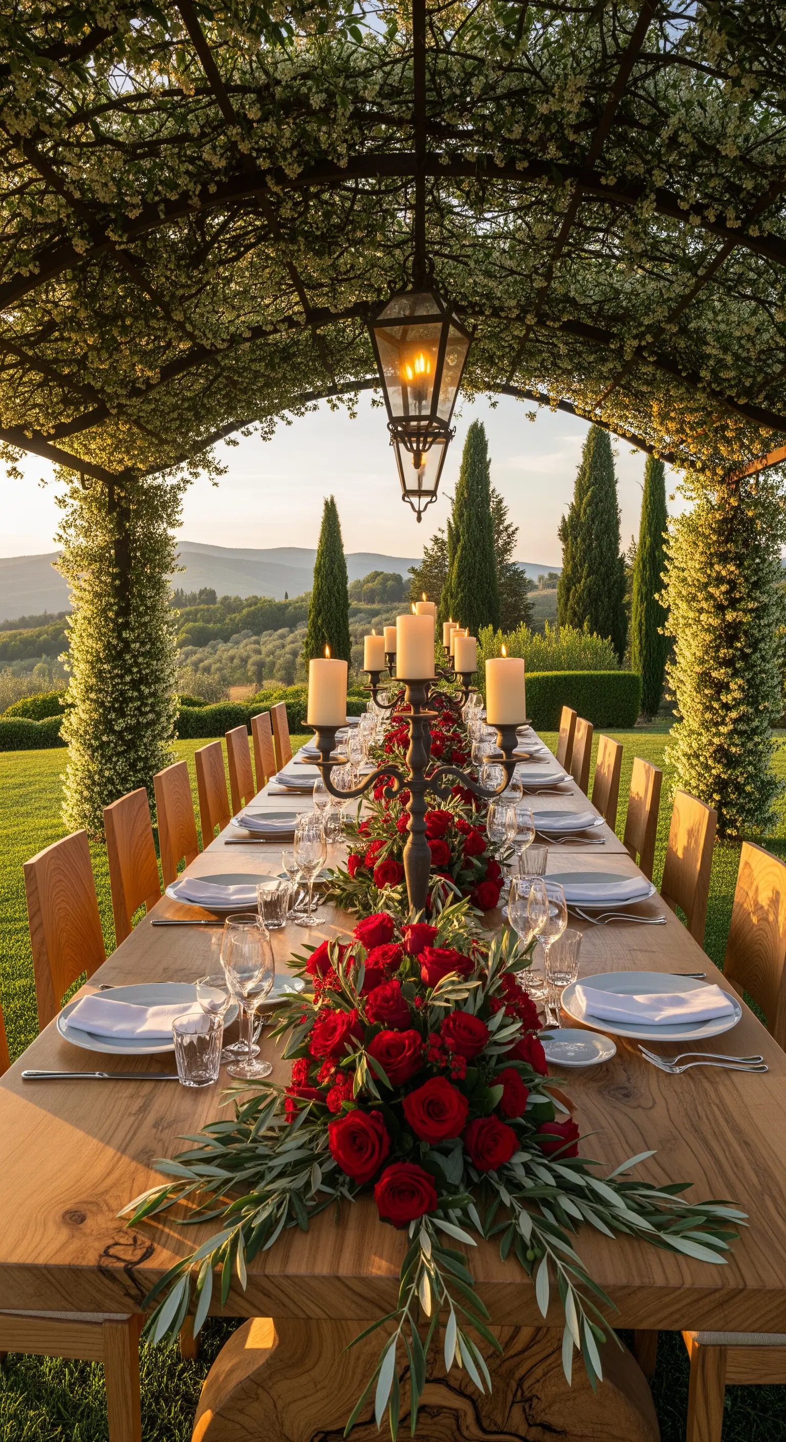 Üppige Tafel mit roten Rosen, Olivenzweigen und Kerzen unter floraler Pergola