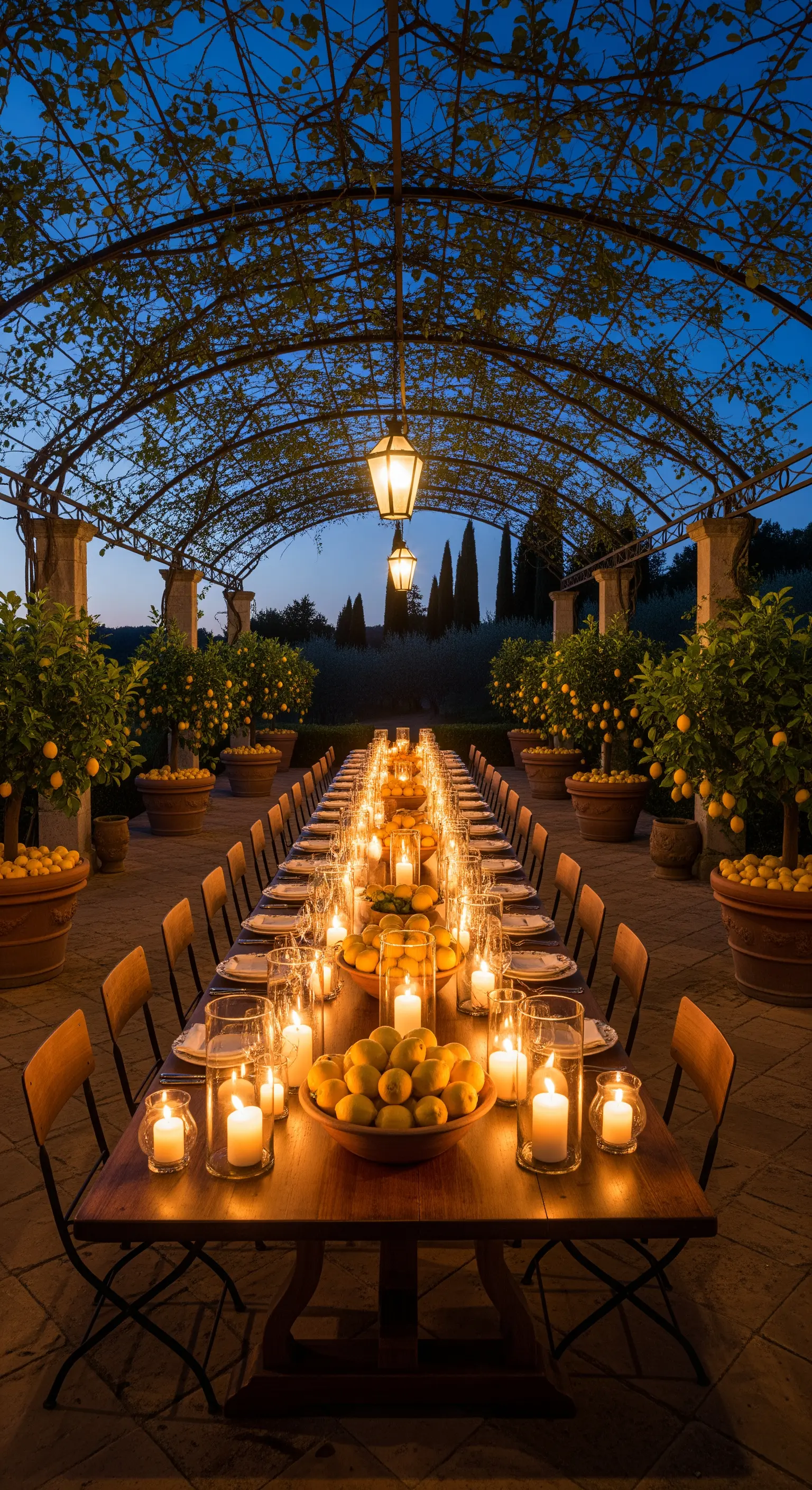 Lange Tafel unter Pergola mit Zitronen, Kerzen und warmem Licht für Abendessen im Freien
