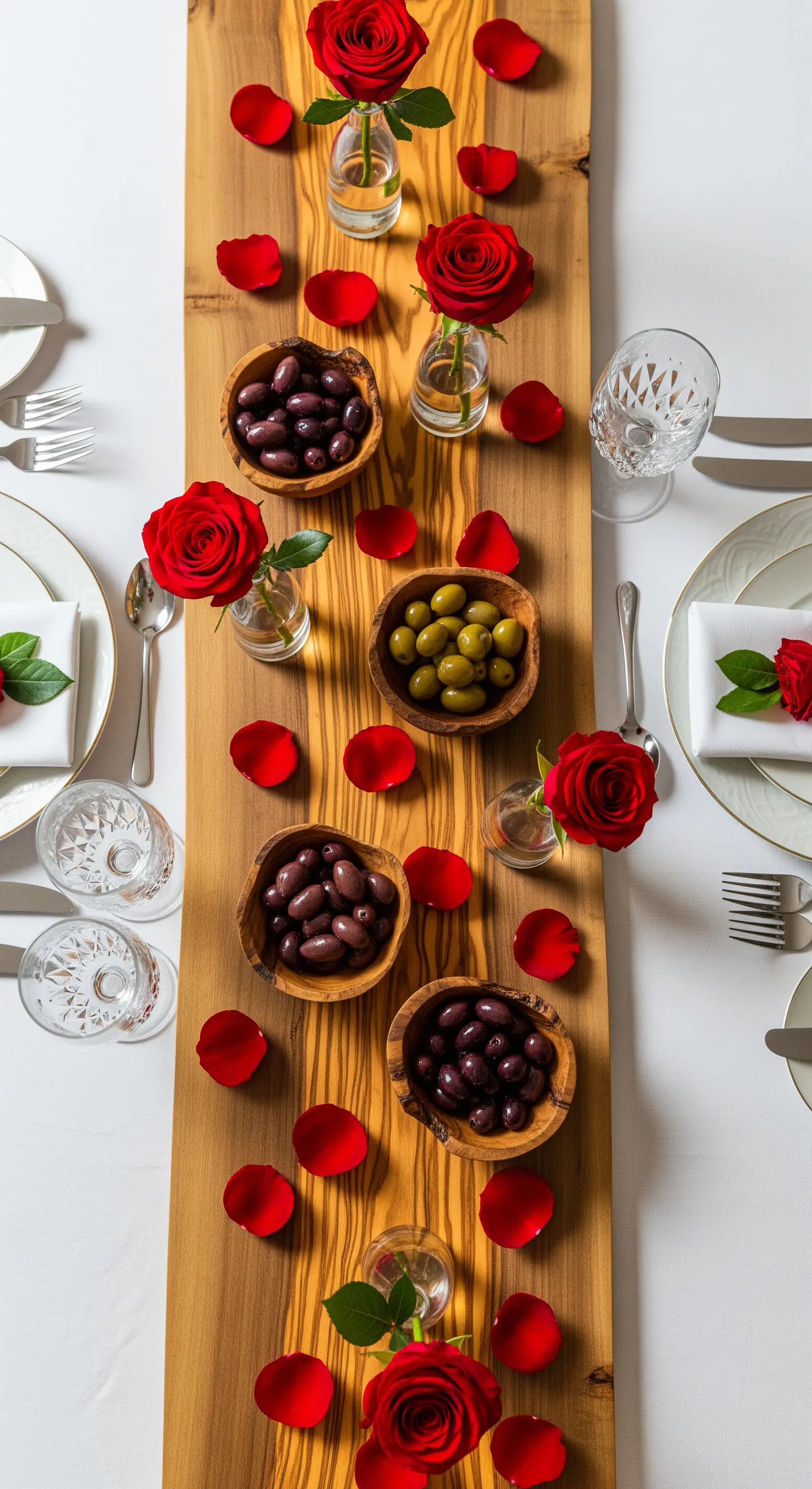 Tischläufer aus Olivenholz mit roten Rosen, schwarzen und grünen Oliven in Schalen