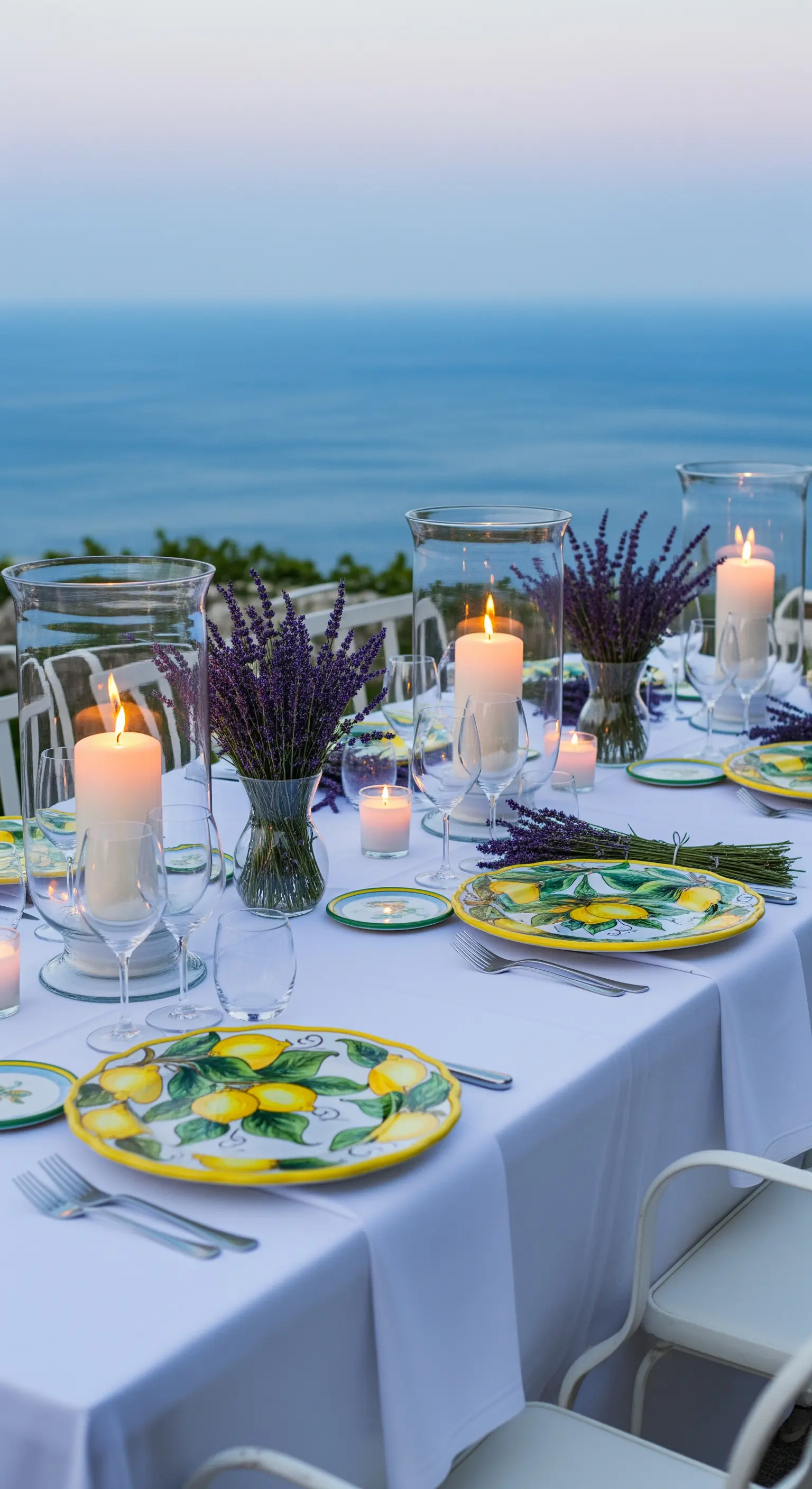 Tischdeko am Meer mit Zitronen-Tellern, Lavendel, Kerzen in Windlichtern