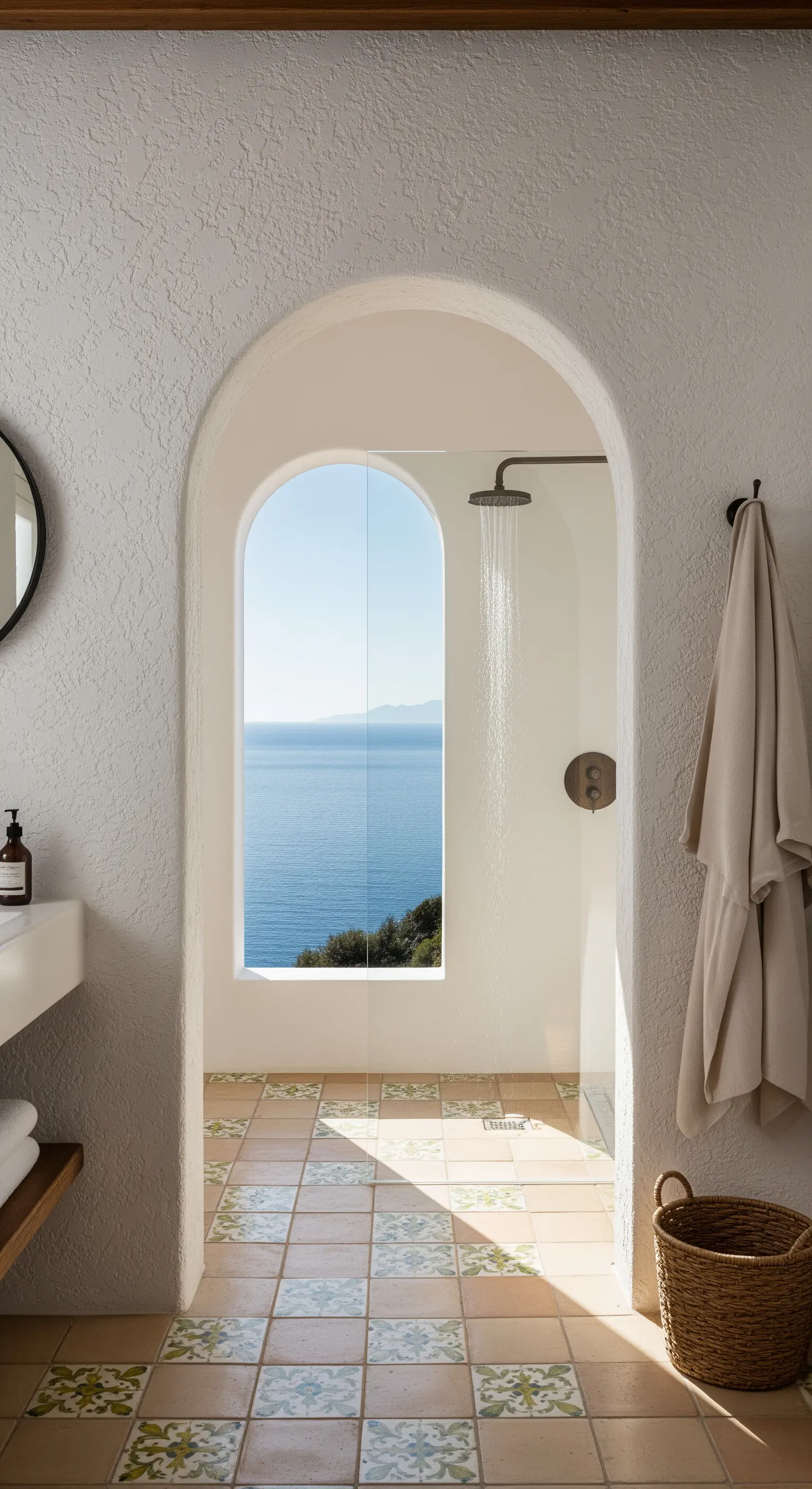 Mediterrane Dusche hinter einem Torbogen mit rahmenlosem Fenster und Meerblick