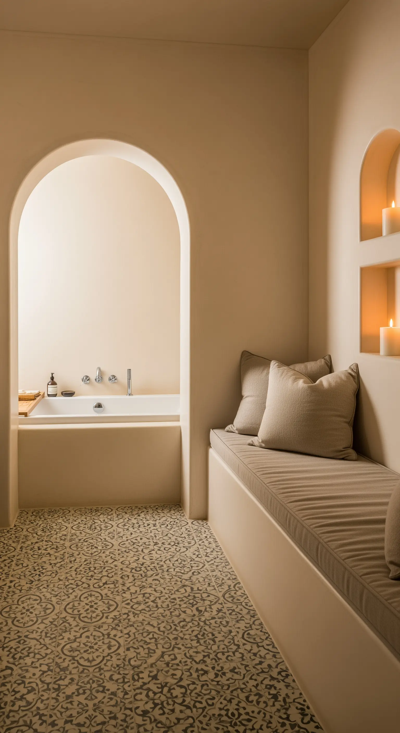 Badezimmer im mediterranen Stil mit beigen Wänden, Bogennischen und gemusterten Fliesen.