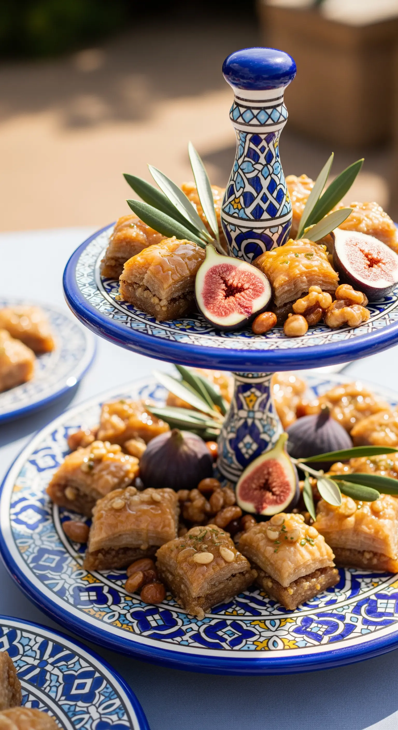Blau-weiß gemusterte Keramik-Etagere mit Baklava, Feigen und Olivenzweigen.