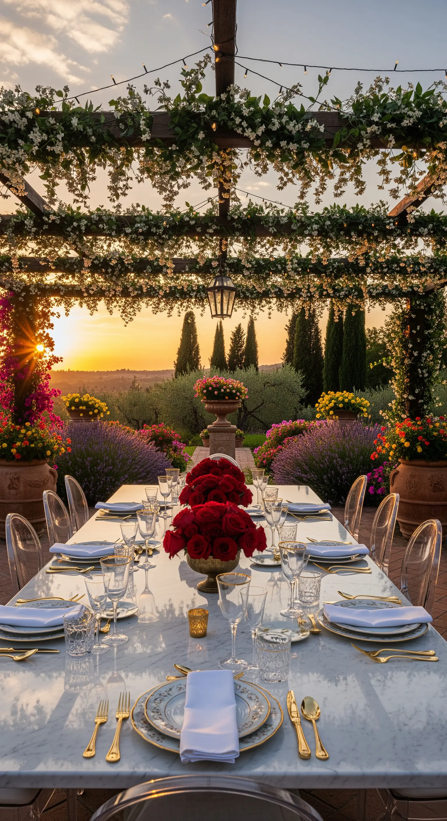 Italienische Outdoor-Tischdeko mit roten Rosen, Marmor, Gold unter einer blühenden Pergola
