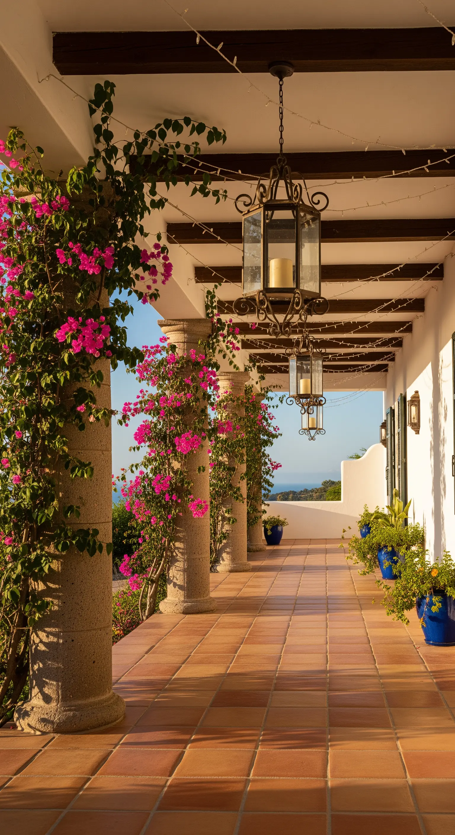 Mediterrane Veranda, Bougainvillea, Laternen, Säulen, Meerblick, Urlaub