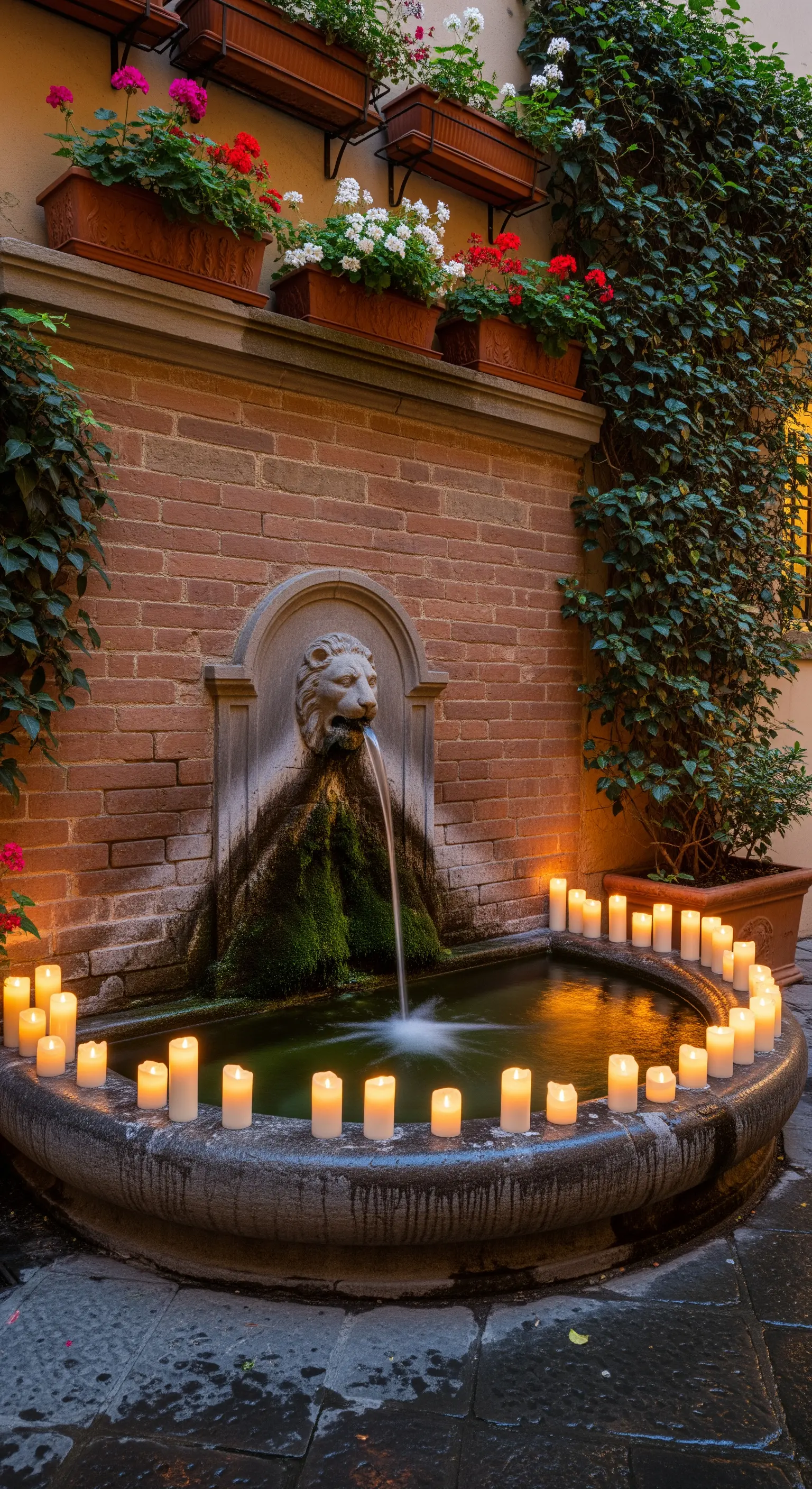 Wandbrunnen mit Fliesenmosaik und Kerzen im Kreis an einer Ziegelwand