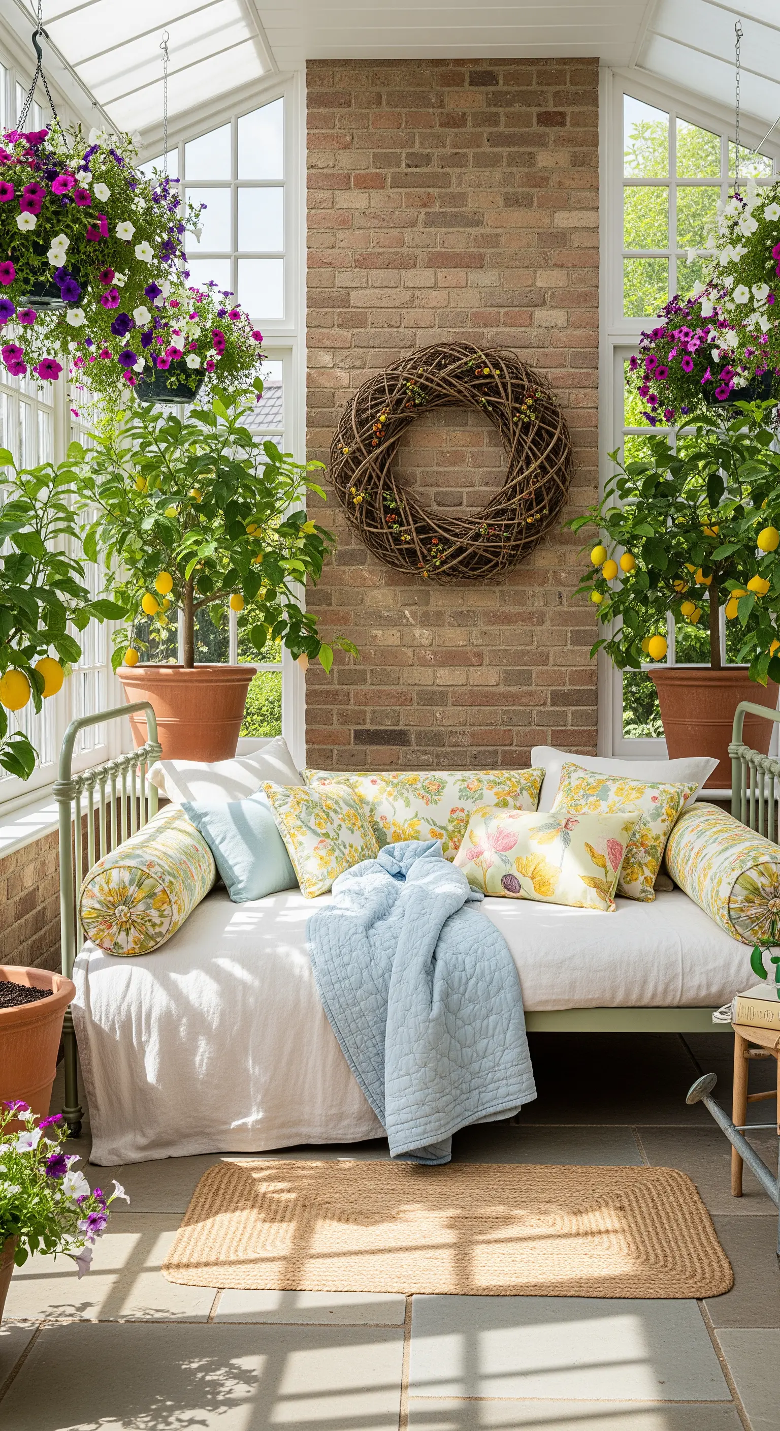 Wintergarten mit Zitronenbäumen, Tagesbett, Hängepetunien und rustikalem Kranz.