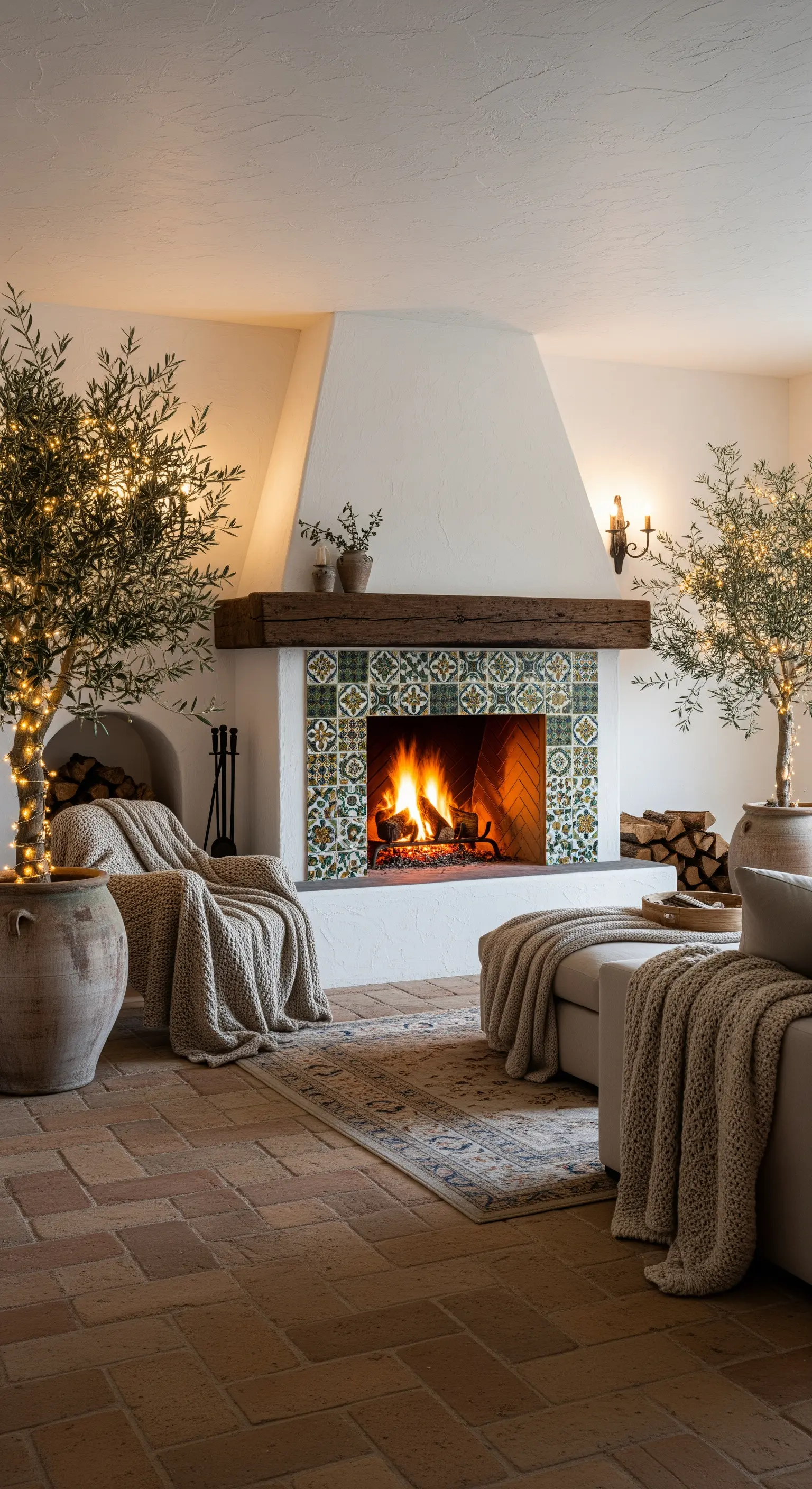 Mediterranes Wohnzimmer mit Fliesen-Kamin, Olivenbäumen mit Lichtern, hellem Sofa und Terrakotta-Boden.