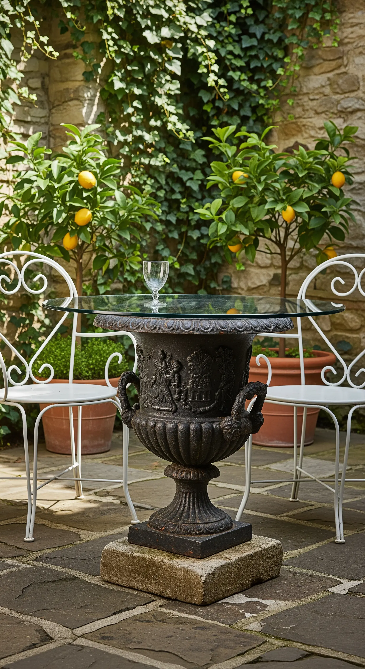 Bistro-Set mit weißen Stühlen und Glas-Steintisch, flankiert von Zitronenbäumen
